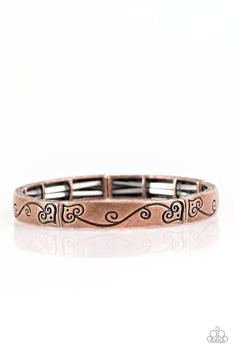 Vine With Me Copper Stretch Bangle Bracelet - Paparazzi Accessories- on model - CarasShop.com - Paparazzi Jewelry by Cara Jewels