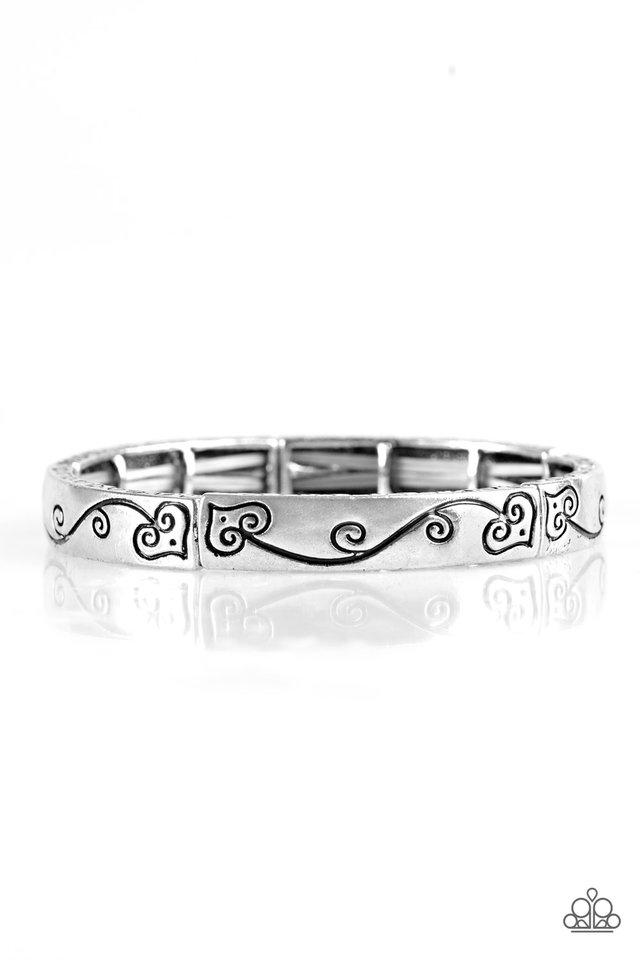 Vine With Me Silver Stretch Bangle Bracelet - Paparazzi Accessories- on model - CarasShop.com - Paparazzi Jewelry by Cara Jewels