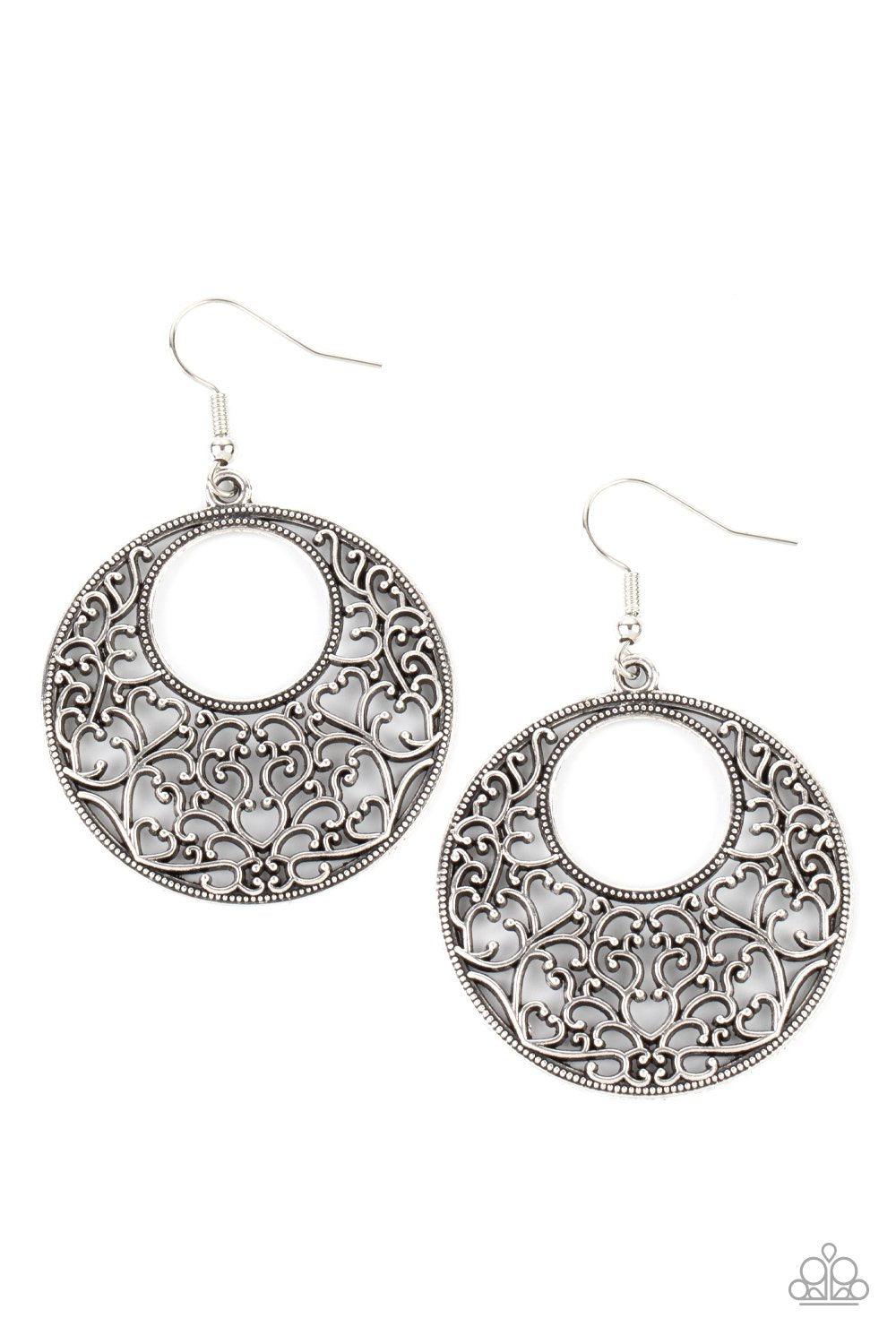 Vineyard Romance Silver Filigree Earrings - Paparazzi Accessories- lightbox - CarasShop.com - Paparazzi Jewelry by Cara Jewels