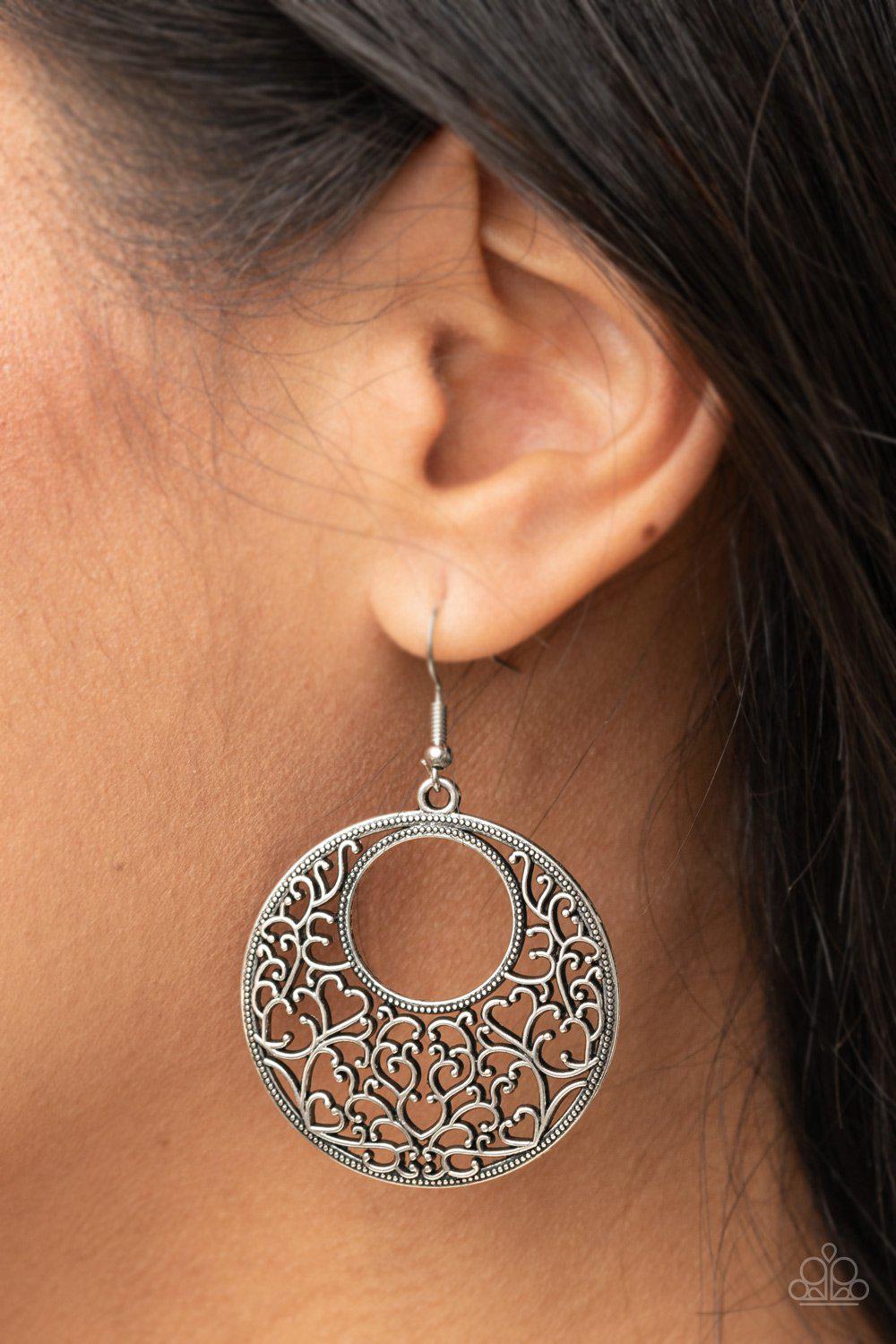 Vineyard Romance Silver Filigree Earrings - Paparazzi Accessories- on model - CarasShop.com - Paparazzi Jewelry by Cara Jewels