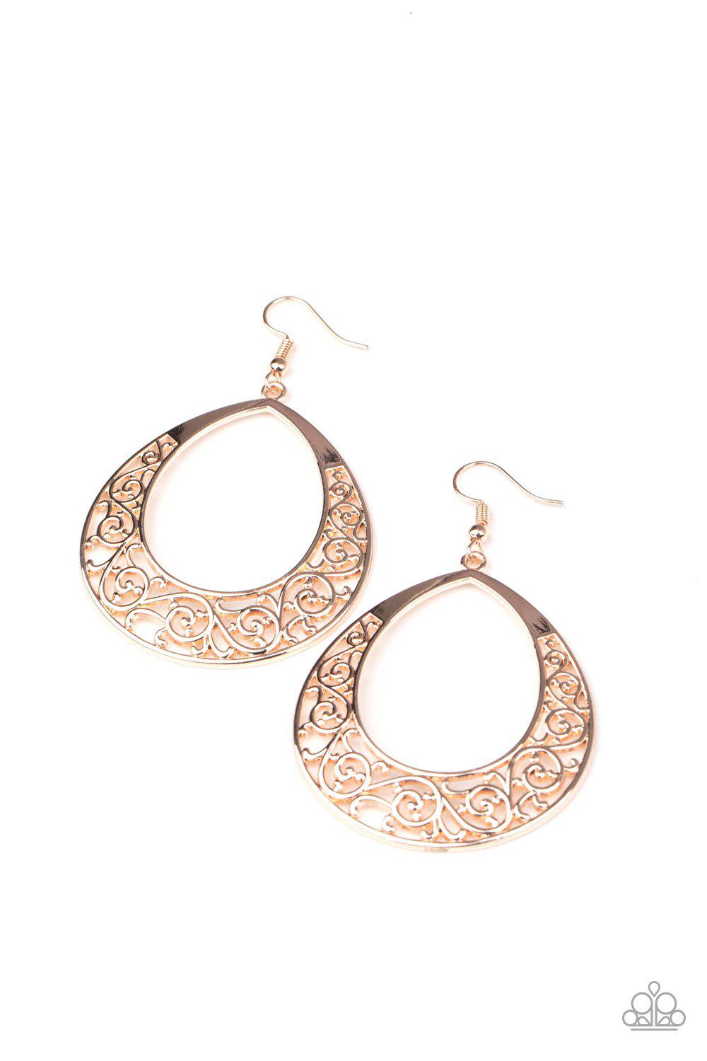Vineyard Venture Rose Gold Filigree Teardrop Earrings - Paparazzi Accessories- lightbox - CarasShop.com - Paparazzi Jewelry by Cara Jewels