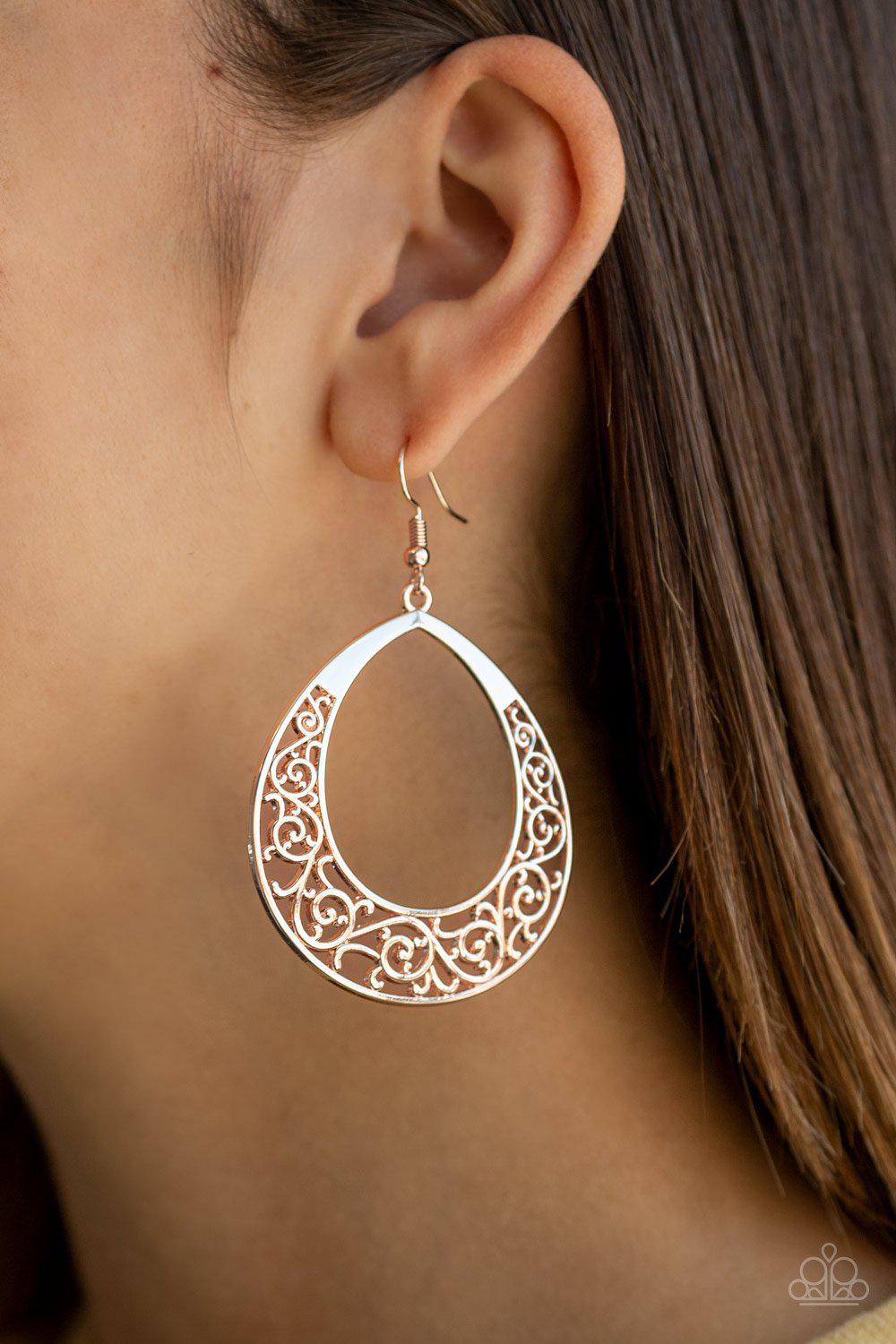 Vineyard Venture Rose Gold Filigree Teardrop Earrings - Paparazzi Accessories- on model - CarasShop.com - Paparazzi Jewelry by Cara Jewels
