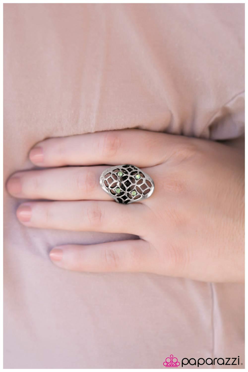 Vintage Décor Silver and Green Ring - Paparazzi Accessories- lightbox - CarasShop.com - Paparazzi Jewelry by Cara Jewels
