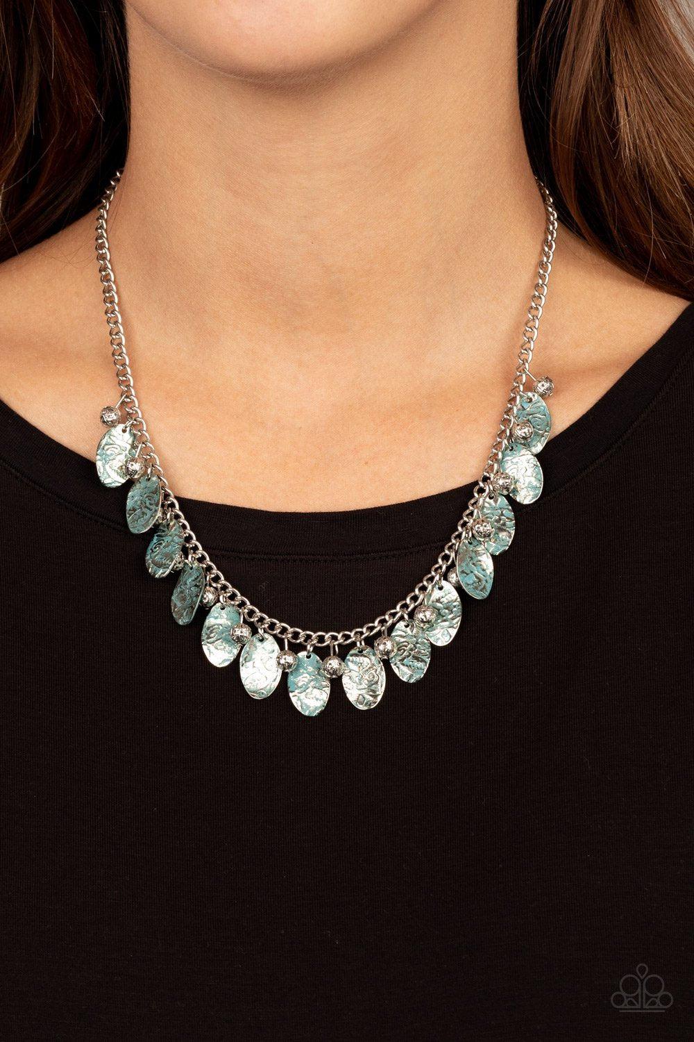 Vintage Gardens Blue and Silver Necklace - Paparazzi Accessories- on model - CarasShop.com - Paparazzi Jewelry by Cara Jewels