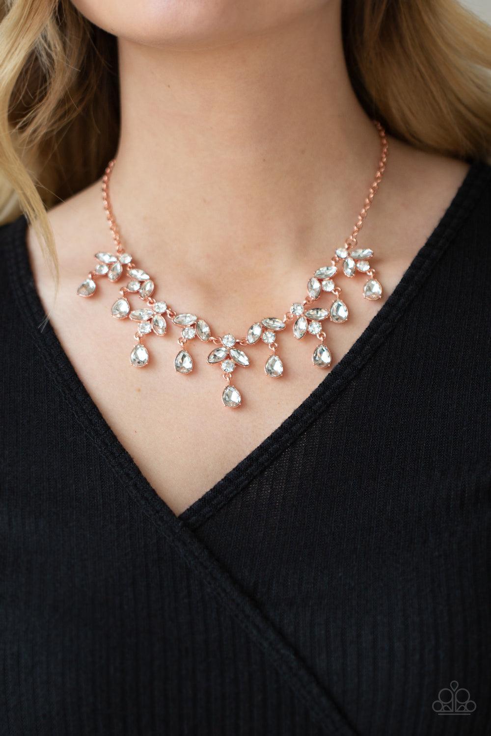 Vintage Royale Copper and Rhinestone Necklace - Paparazzi Accessories- on model - CarasShop.com - Paparazzi Jewelry by Cara Jewels