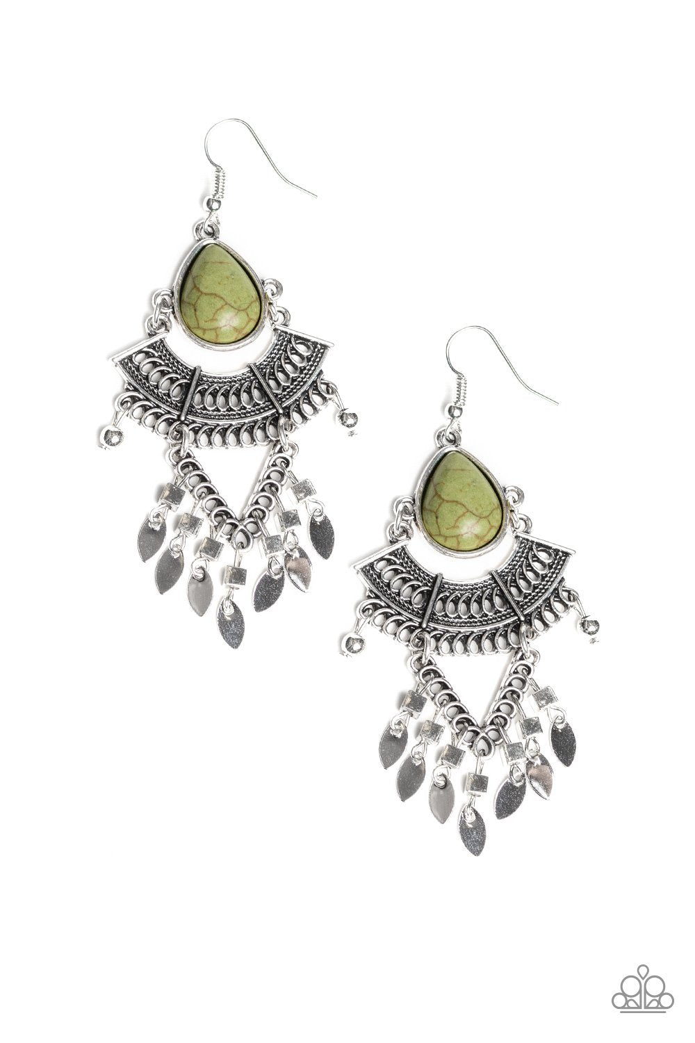 Vintage Vagabond Silver and Green Stone Earrings - Paparazzi Accessories- lightbox - CarasShop.com - Paparazzi Jewelry by Cara Jewels