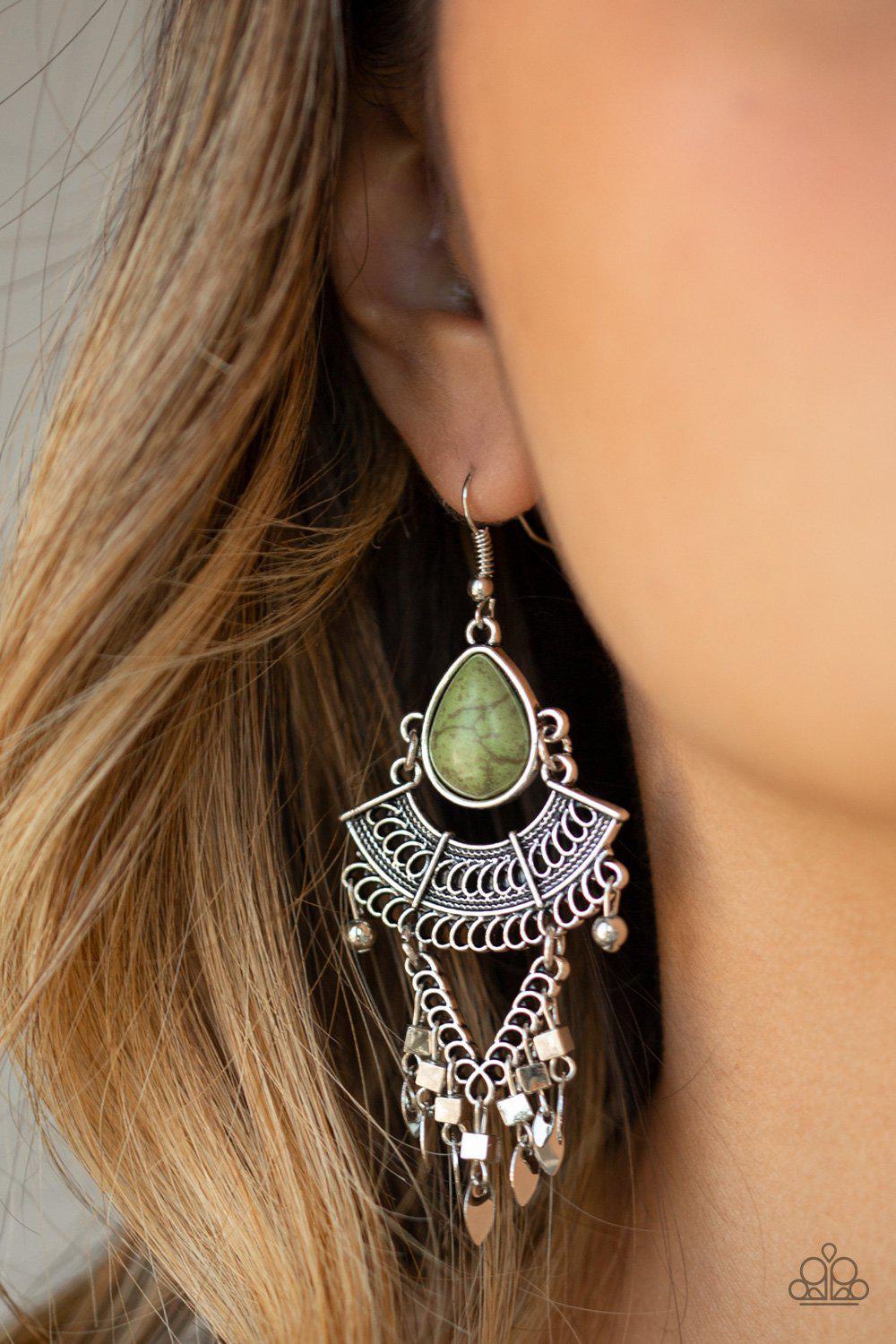 Vintage Vagabond Silver and Green Stone Earrings - Paparazzi Accessories- on model - CarasShop.com - Paparazzi Jewelry by Cara Jewels