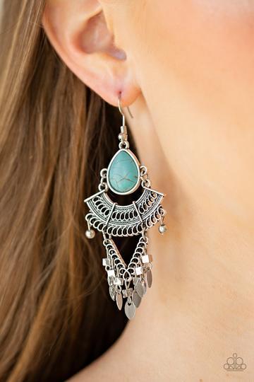 Vintage Vagabond Silver and Turquoise Blue Stone Earrings - Paparazzi Accessories- on model - CarasShop.com - Paparazzi Jewelry by Cara Jewels