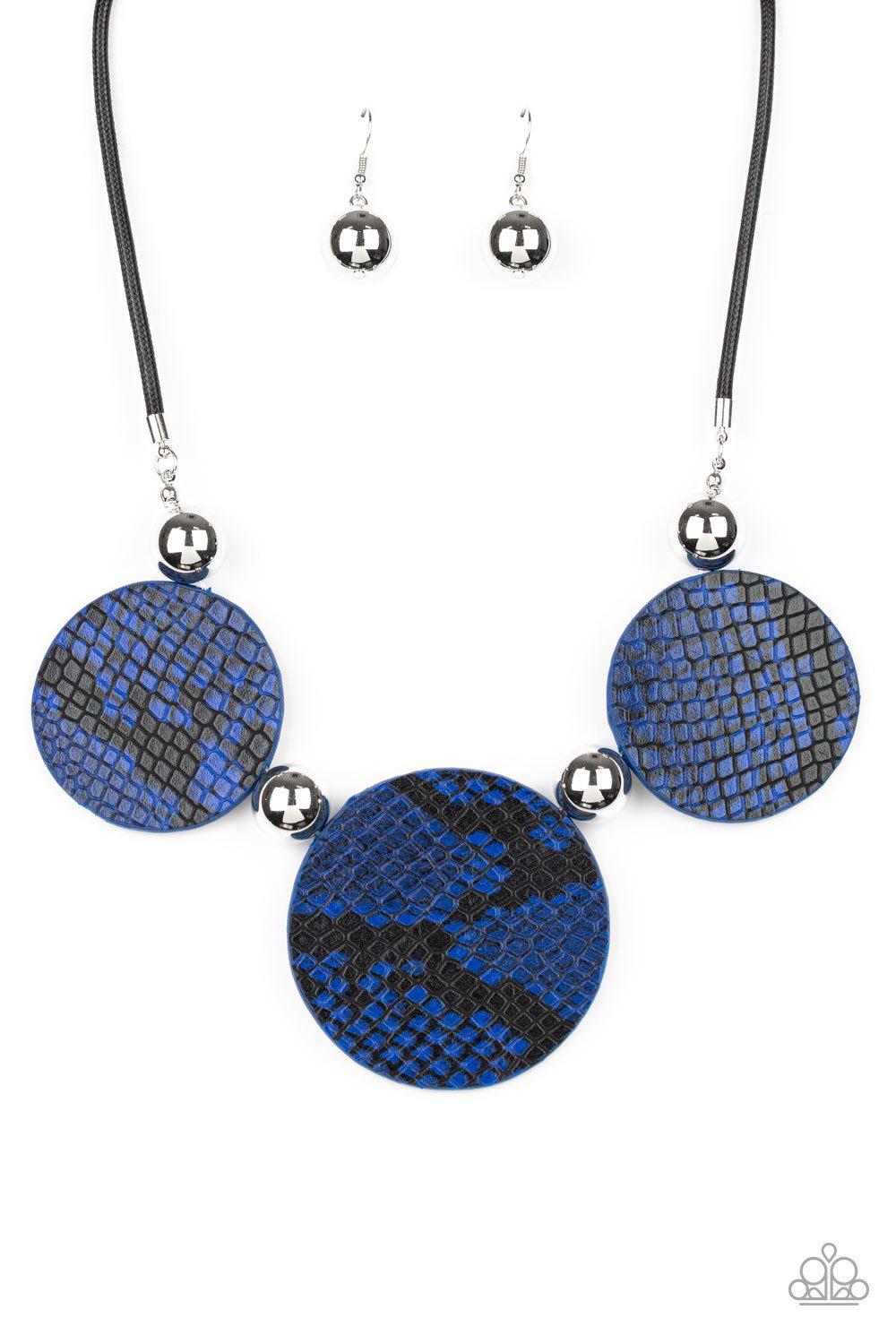 Viper Pit Blue Python Print Leather and Silver Necklace - Paparazzi Accessories - free matching earrings -CarasShop.com - Paparazzi Jewelry by Cara Jewels