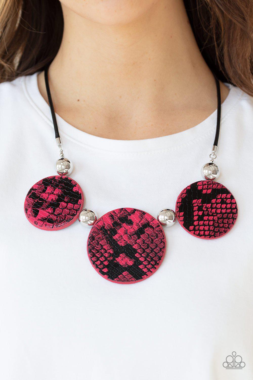 Viper Pit Pink Python Print Leather and Silver Necklace - Paparazzi Accessories- lightbox - CarasShop.com - Paparazzi Jewelry by Cara Jewels