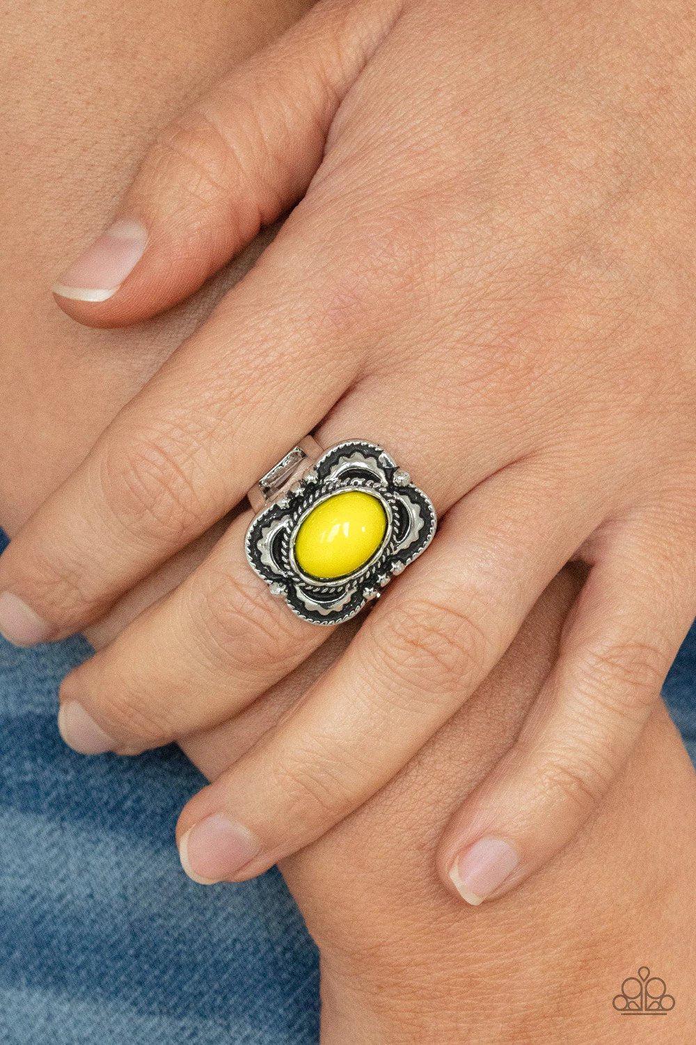 Vivaciously Vibrant Yellow Ring - Paparazzi Accessories- on model - CarasShop.com - Paparazzi Jewelry by Cara Jewels