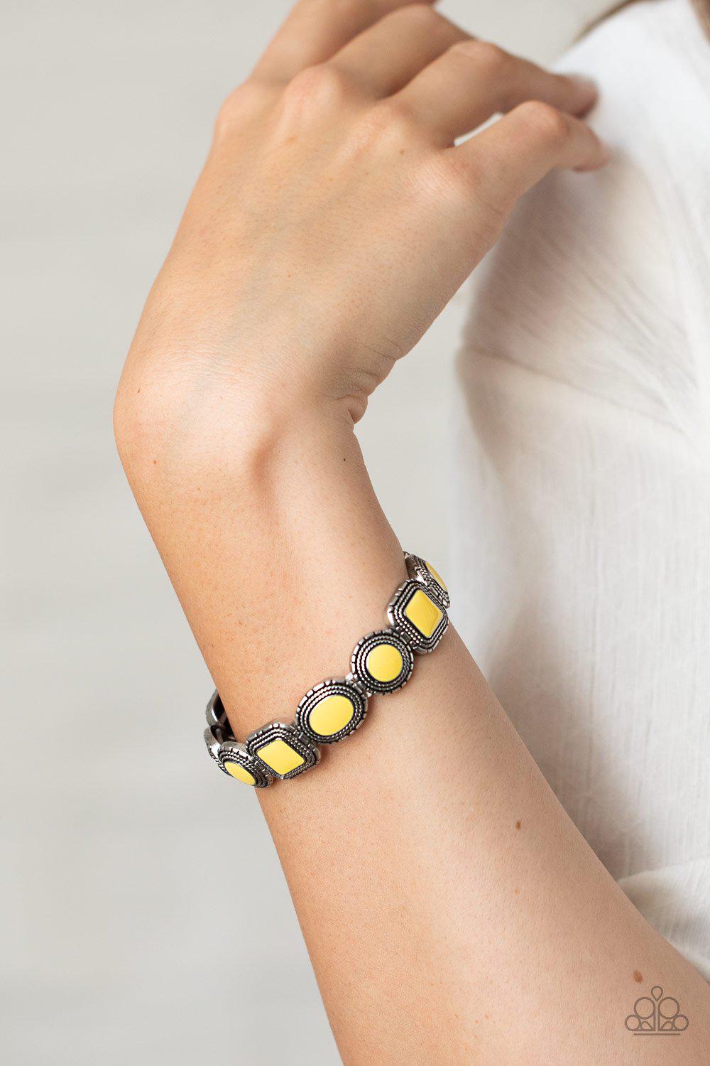 Vividly Vintage Yellow and Silver Bracelet - Paparazzi Accessories- on model - CarasShop.com - Paparazzi Jewelry by Cara Jewels