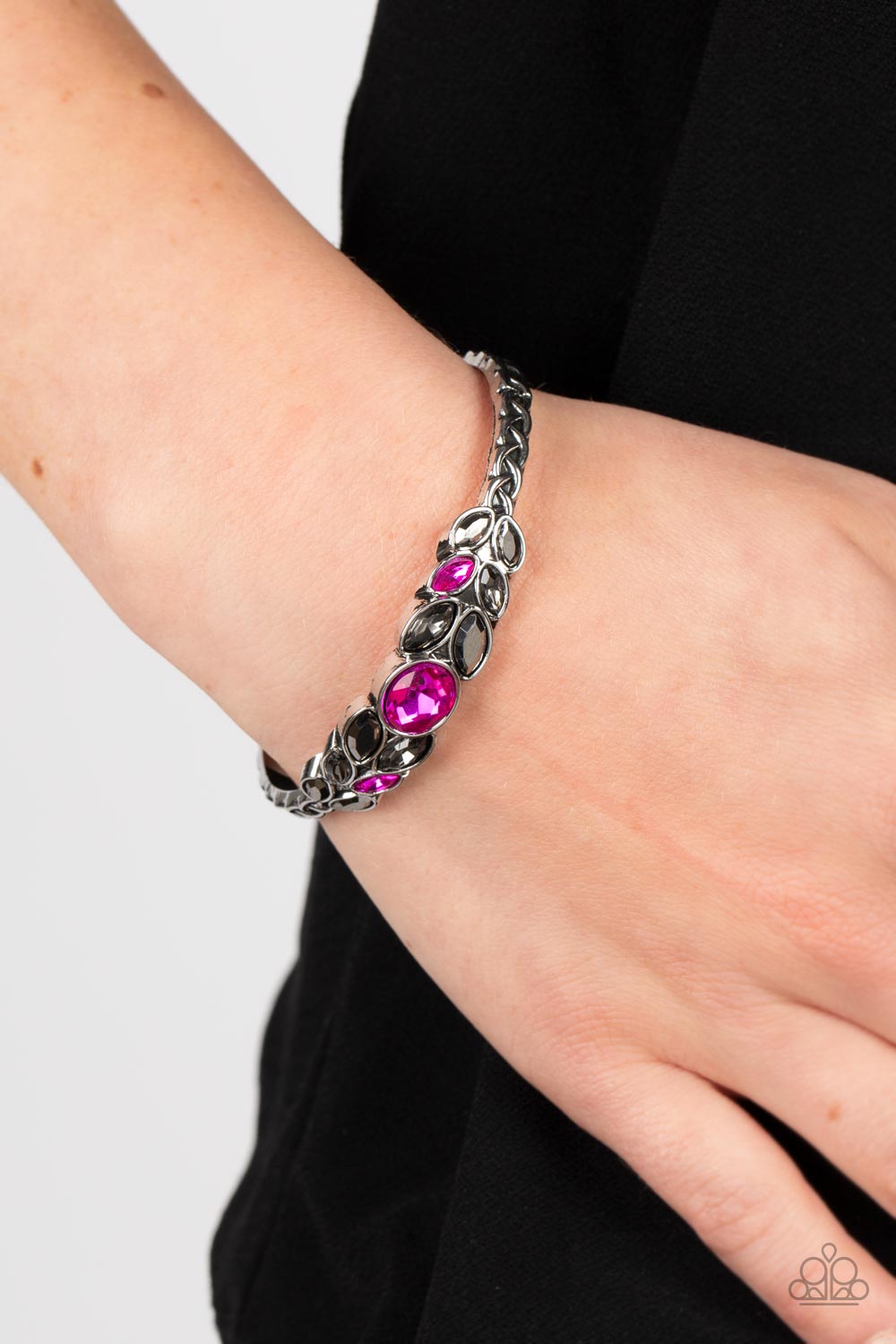Vogue Vineyard Hot Pink Rhinestone Cuff Bracelet - Paparazzi Accessories- lightbox - CarasShop.com - Paparazzi Jewelry by Cara Jewels