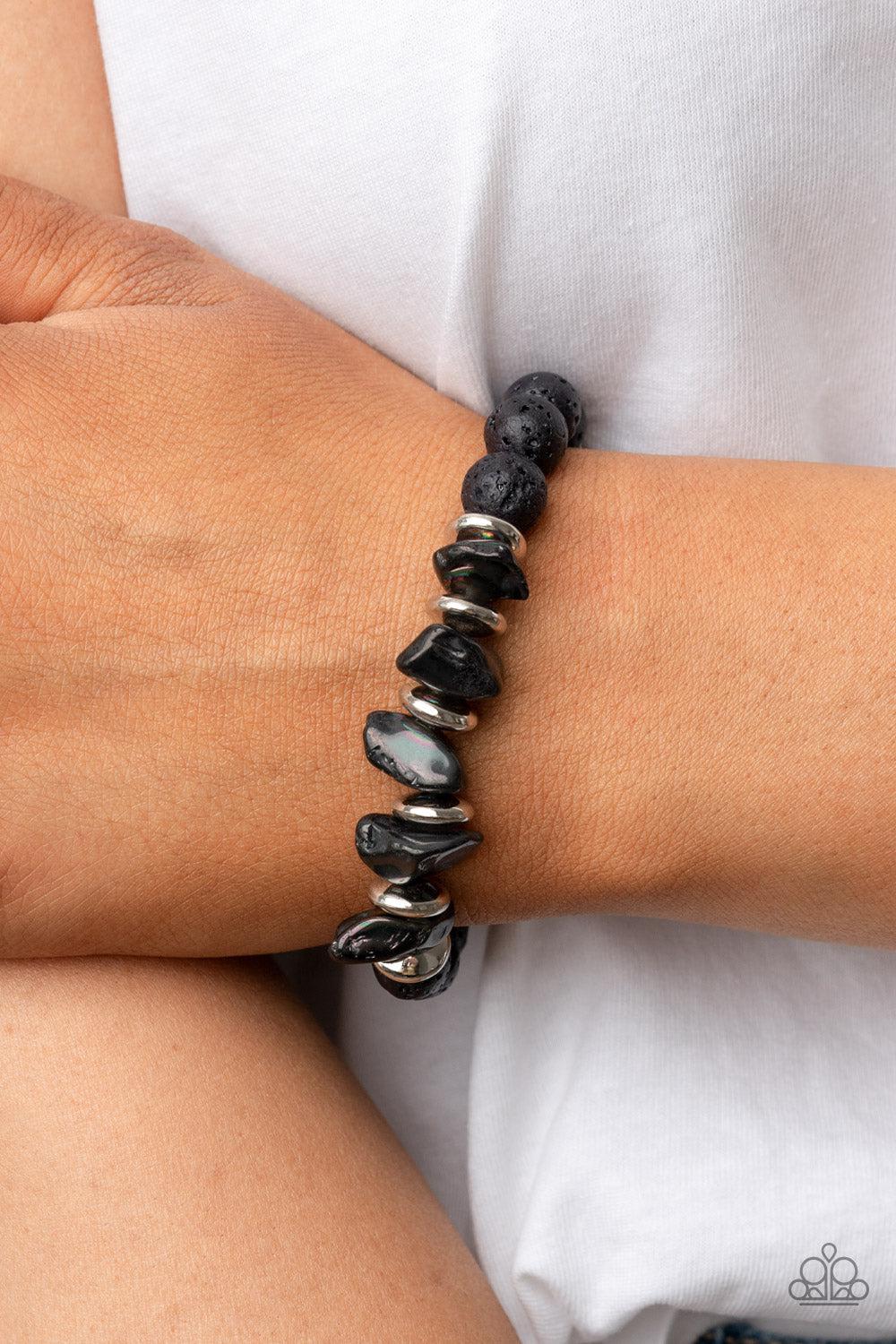 Volcanic Vacay Silver & Black Oil Spill Bracelet - Paparazzi Accessories- on model - CarasShop.com - Paparazzi Jewelry by Cara Jewels