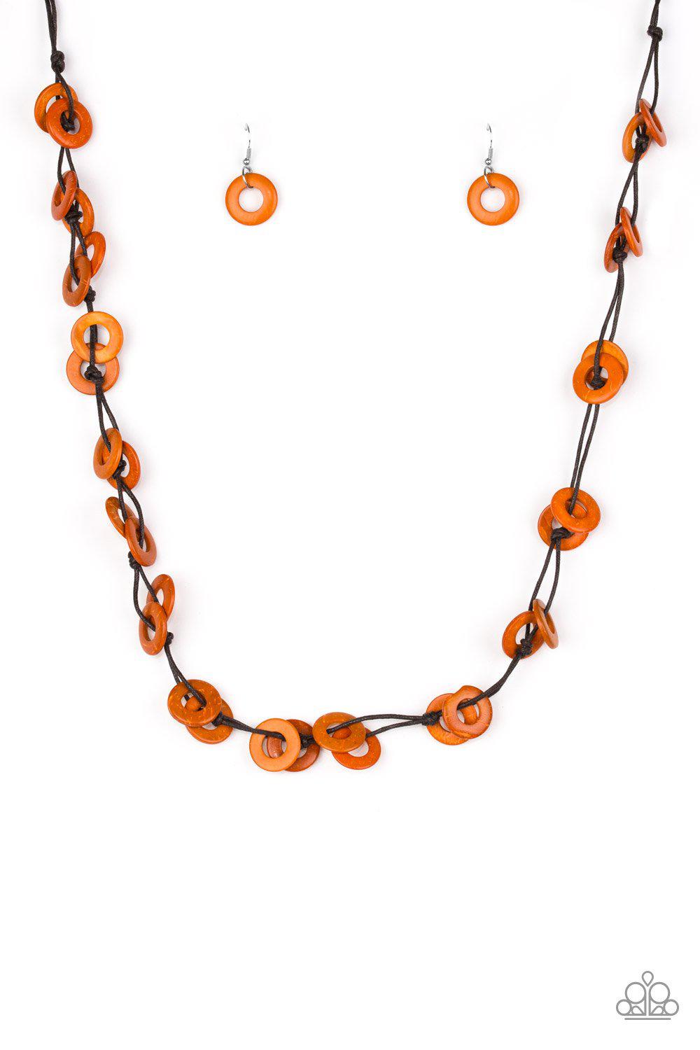 Waikiki Winds Orange Wood Necklace - Paparazzi Accessories- on model - CarasShop.com - Paparazzi Jewelry by Cara Jewels