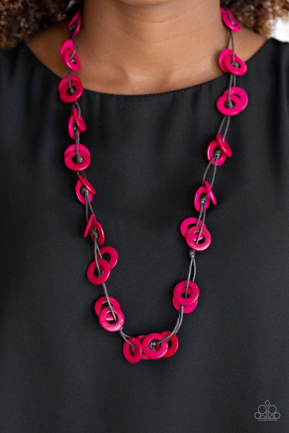 Waikiki Winds Pink Wood Necklace - Paparazzi Accessories- on model - CarasShop.com - Paparazzi Jewelry by Cara Jewels