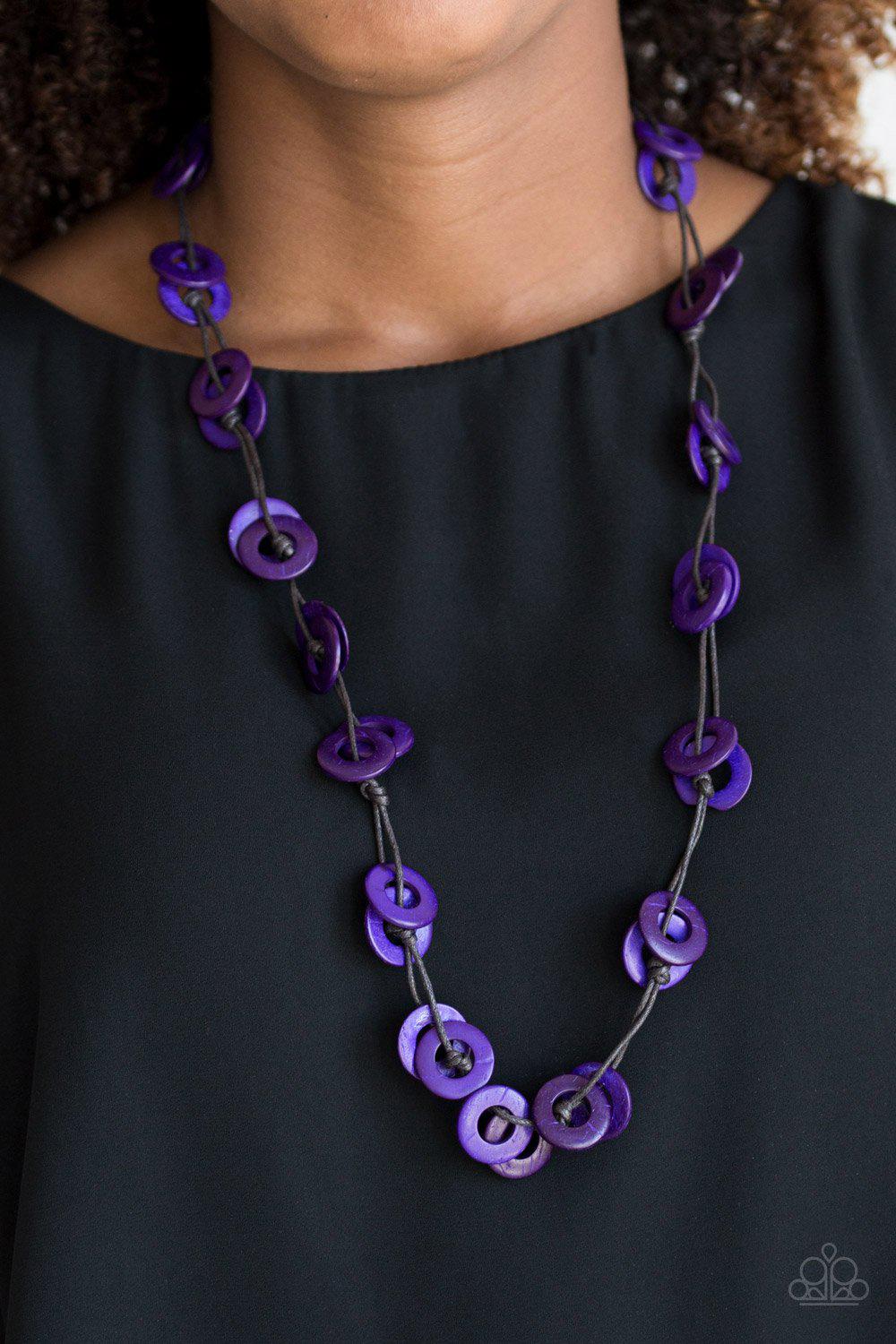 Waikiki Winds Purple Wood Necklace - Paparazzi Accessories- on model - CarasShop.com - Paparazzi Jewelry by Cara Jewels