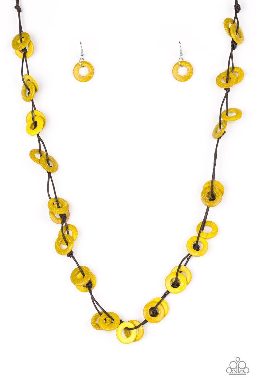 Waikiki Winds Yellow Wood Necklace - Paparazzi Accessories- on model - CarasShop.com - Paparazzi Jewelry by Cara Jewels