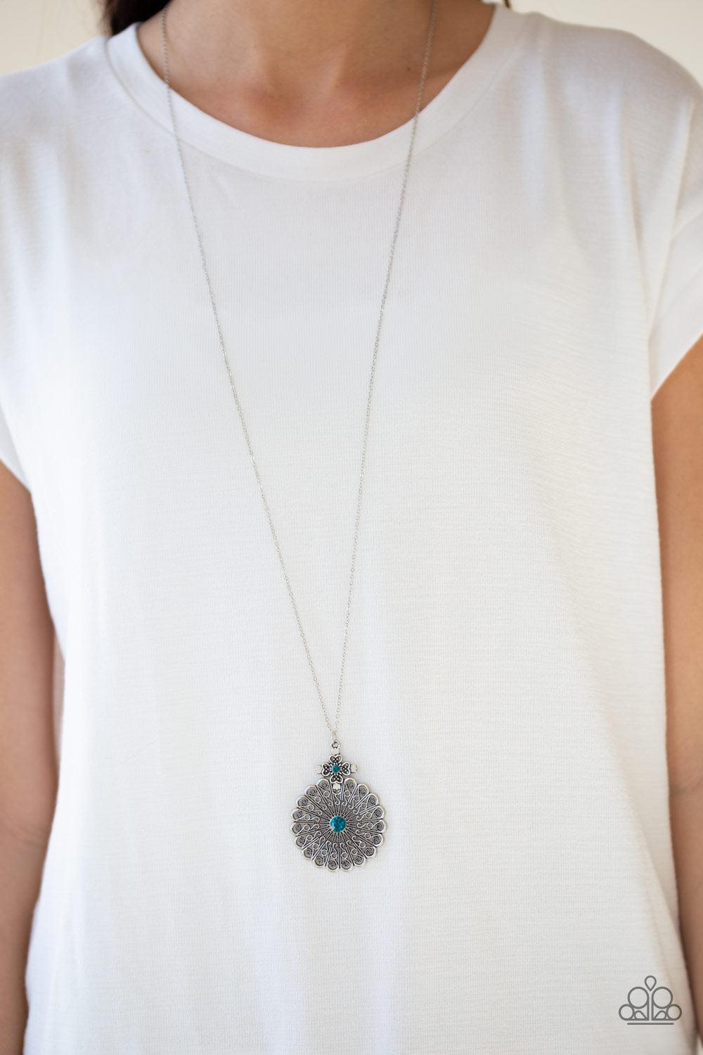 Walk on the WILDFLOWER Side Blue Necklace - Paparazzi Accessories- on model - CarasShop.com - Paparazzi Jewelry by Cara Jewels