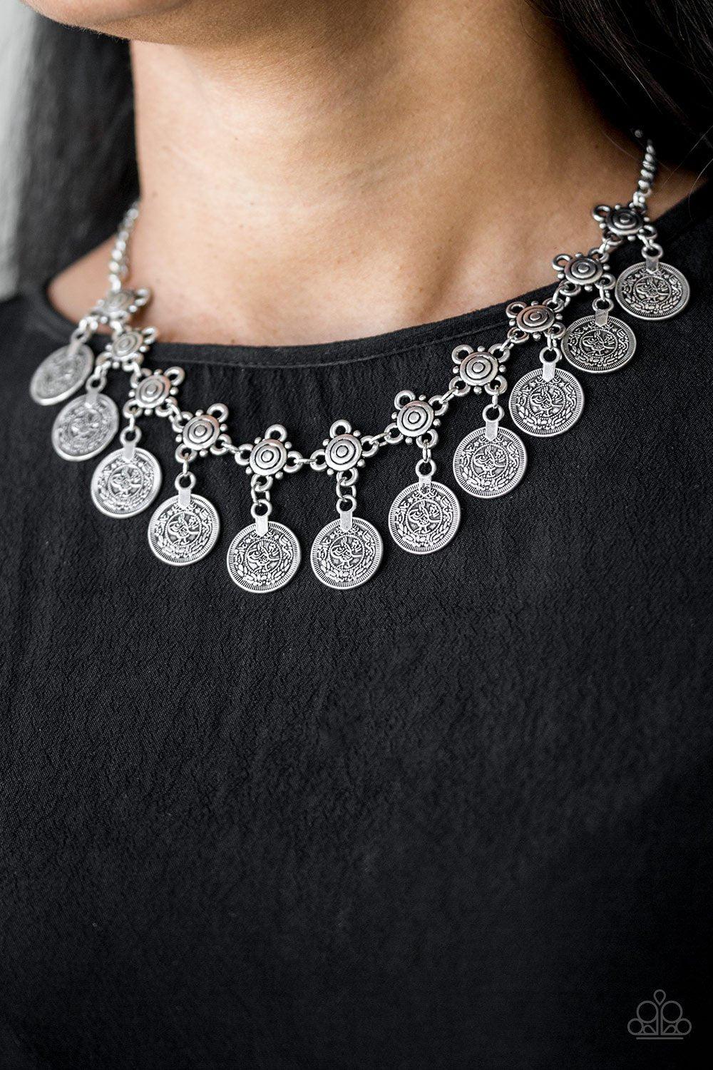 Walk The Plank Silver Coin Necklace - Paparazzi Accessories- on model - CarasShop.com - Paparazzi Jewelry by Cara Jewels