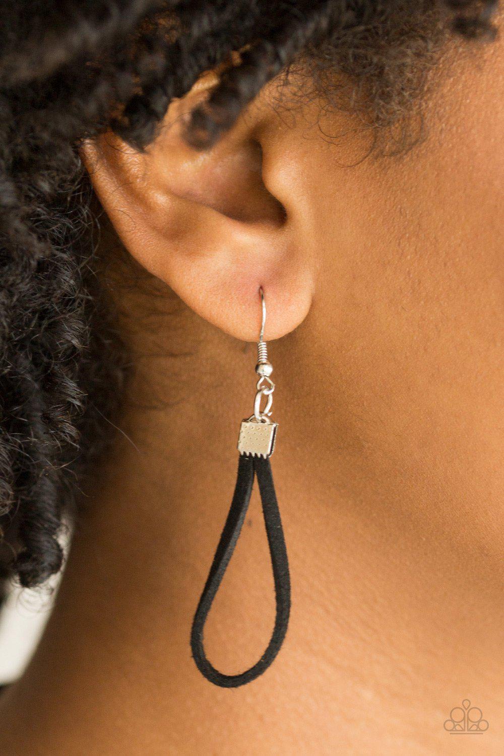 Walk The WALKABOUT Black Suede Necklace - Paparazzi Accessories- on model - CarasShop.com - Paparazzi Jewelry by Cara Jewels