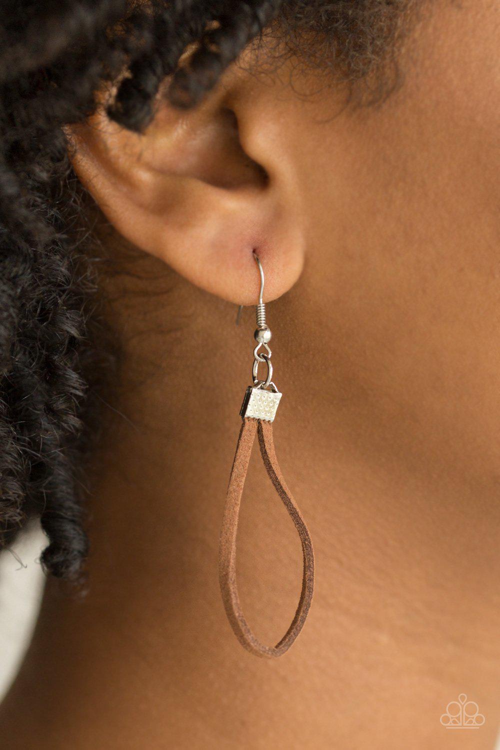 Walk The WALKABOUT Brown Suede Necklace - Paparazzi Accessories - free matching earrings -CarasShop.com - Paparazzi Jewelry by Cara Jewels