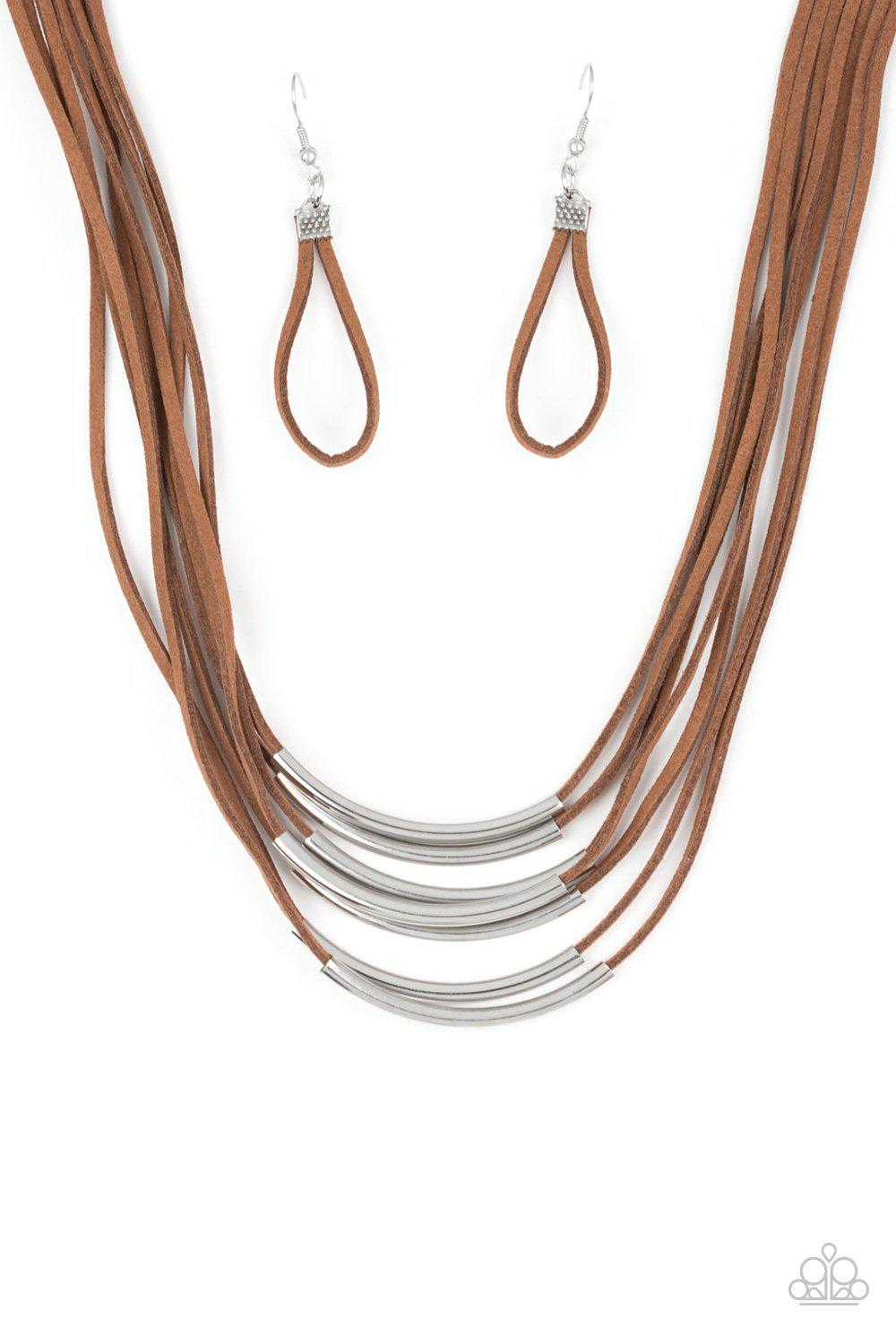Walk The WALKABOUT Brown Suede Necklace - Paparazzi Accessories- on model - CarasShop.com - Paparazzi Jewelry by Cara Jewels