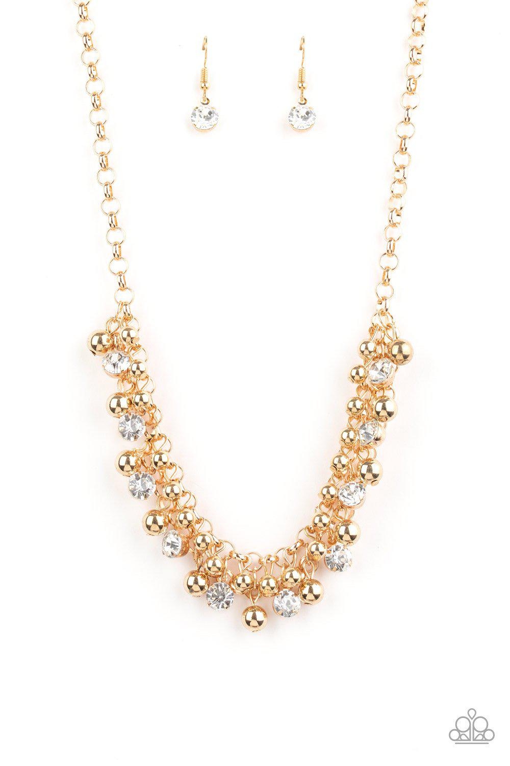 Wall Street Winner Gold and White Rhinestone Necklace - Paparazzi Accessories- lightbox - CarasShop.com - Paparazzi Jewelry by Cara Jewels