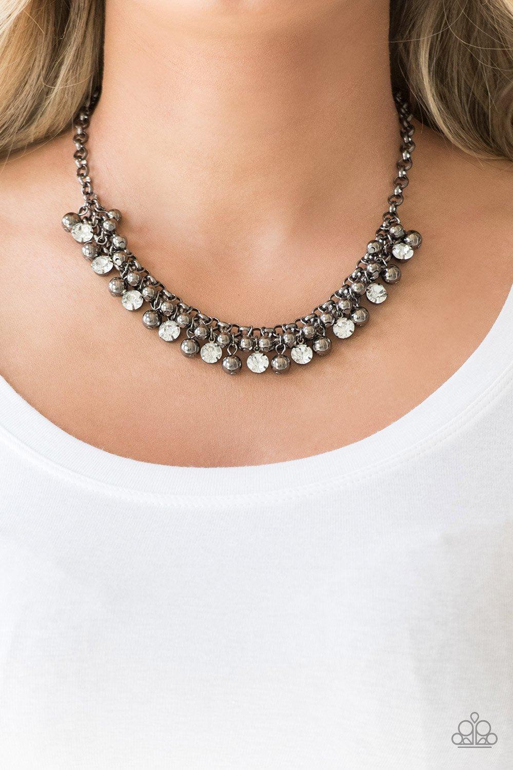 Wall Street Winner Gunmetal Black and White Rhinestone Necklace - Paparazzi Accessories- on model - CarasShop.com - Paparazzi Jewelry by Cara Jewels
