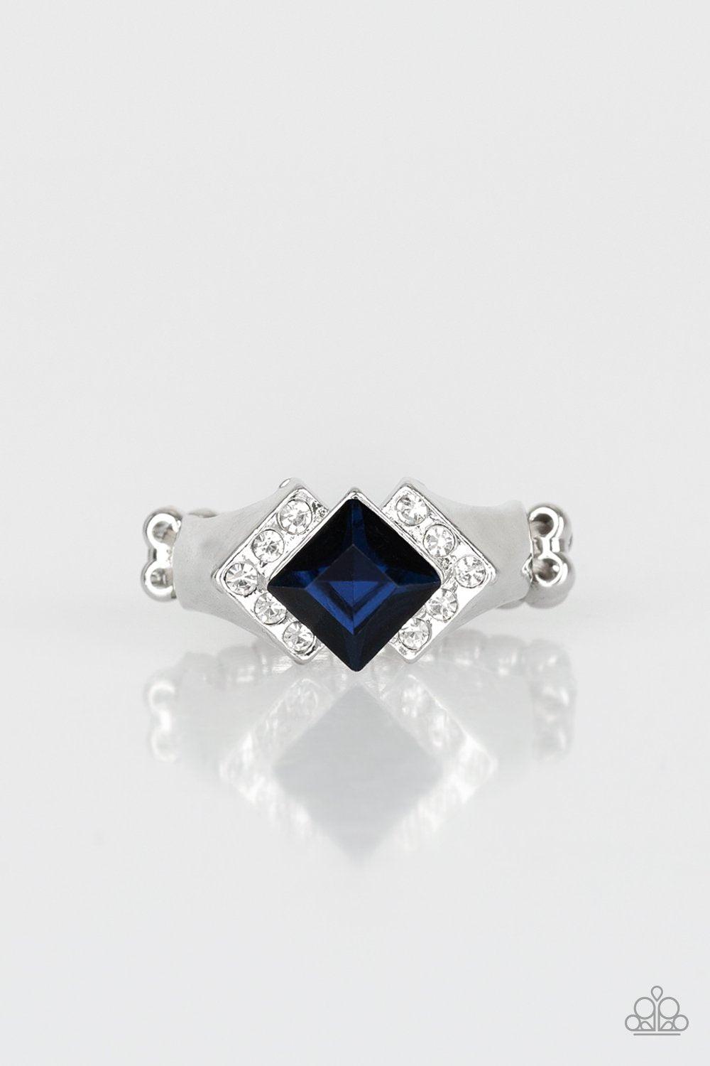 Wallstreet Winner Sapphire Blue Rhinestone Ring - Paparazzi Accessories- on model - CarasShop.com - Paparazzi Jewelry by Cara Jewels