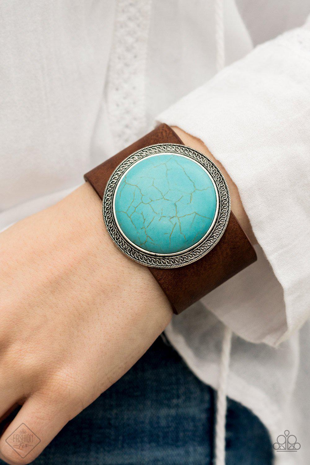 Wander On Repeat Brown Leather and Turquoise Blue Stone Urban Wrap Snap Bracelet - Paparazzi Accessories- lightbox - CarasShop.com - Paparazzi Jewelry by Cara Jewels