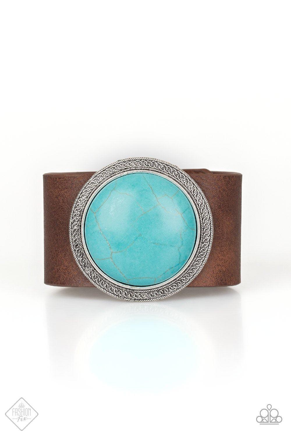 Wander On Repeat Brown Leather and Turquoise Blue Stone Urban Wrap Snap Bracelet - Paparazzi Accessories- on model - CarasShop.com - Paparazzi Jewelry by Cara Jewels