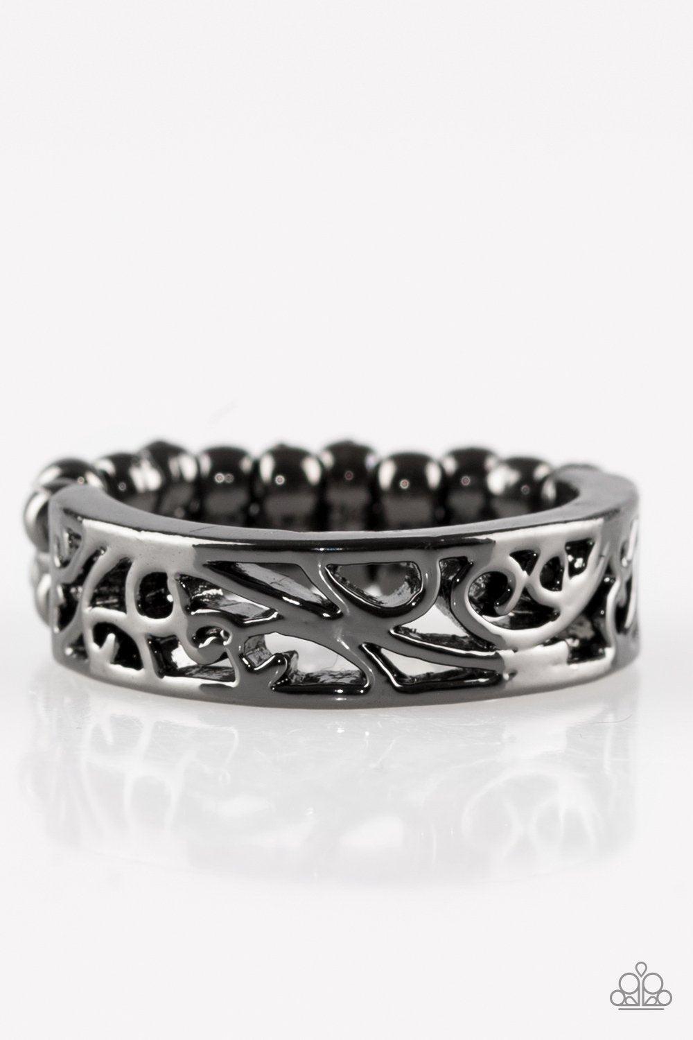 Wandering Wisteria Black Gunmetal Ring - Paparazzi Accessories- on model - CarasShop.com - Paparazzi Jewelry by Cara Jewels