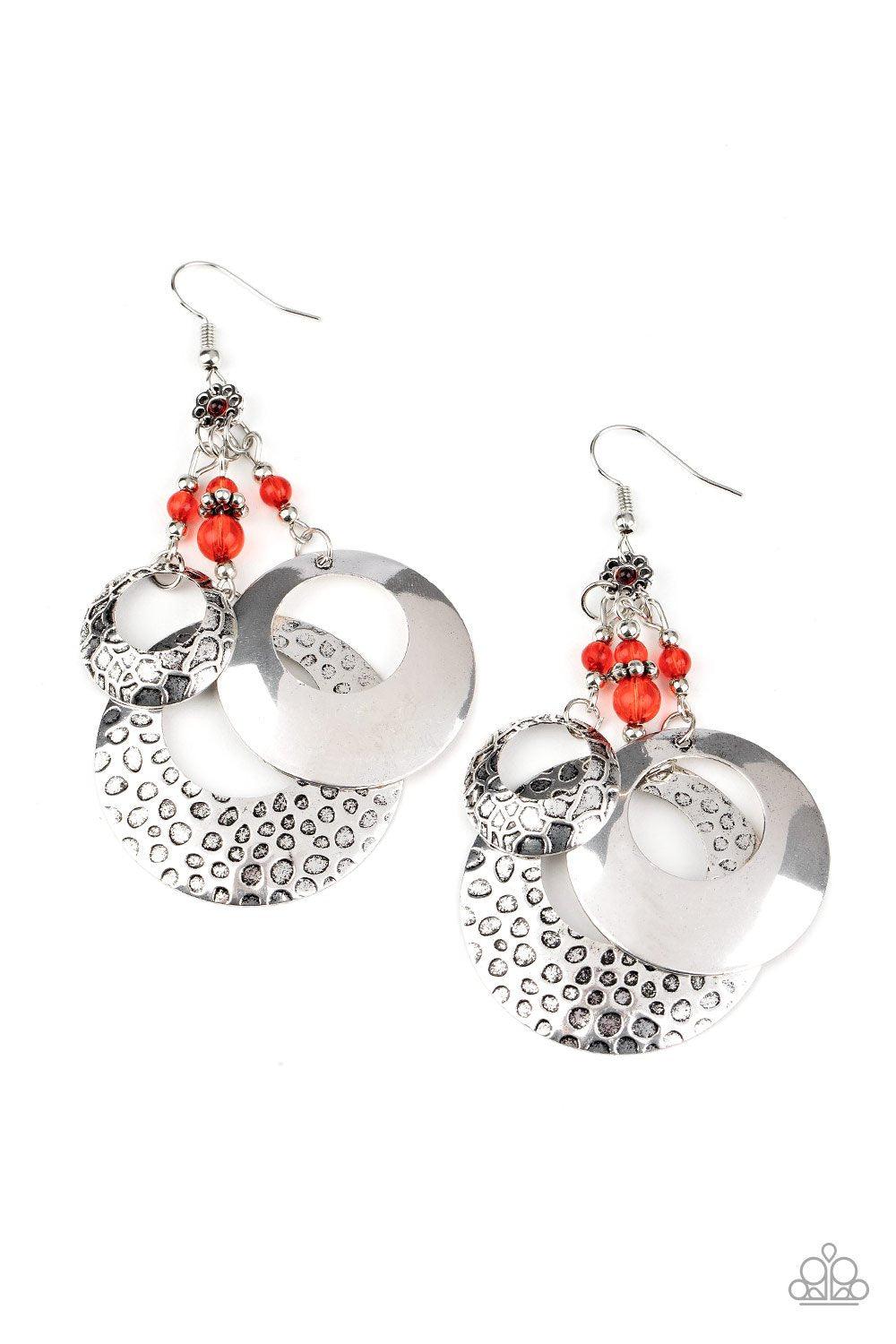Wanderlust Garden Red and Silver Earrings - Paparazzi Accessories- on model - CarasShop.com - Paparazzi Jewelry by Cara Jewels