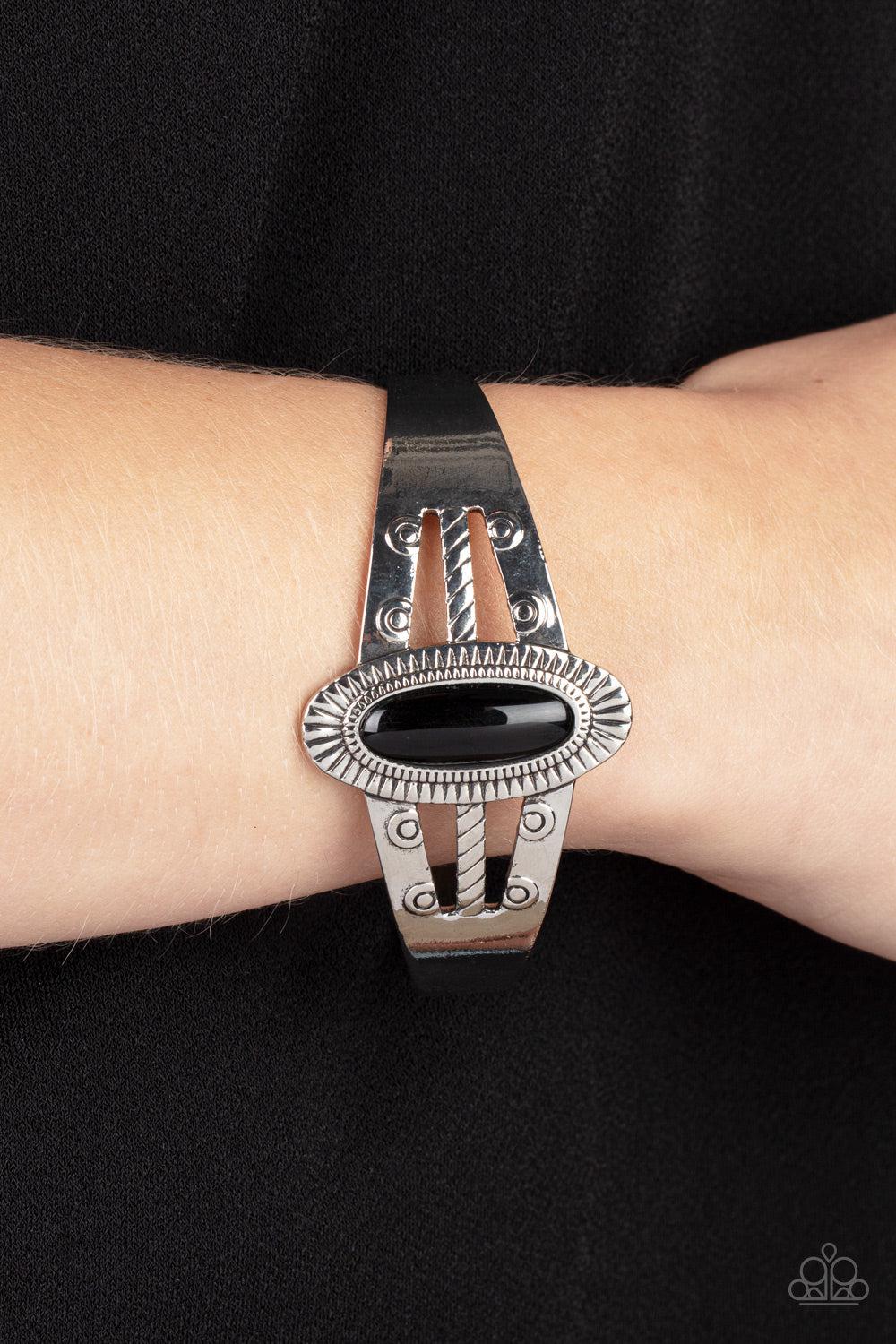 Wanderlust Walkabout Black Cuff Bracelet - Paparazzi Accessories- on model - CarasShop.com - Paparazzi Jewelry by Cara Jewels