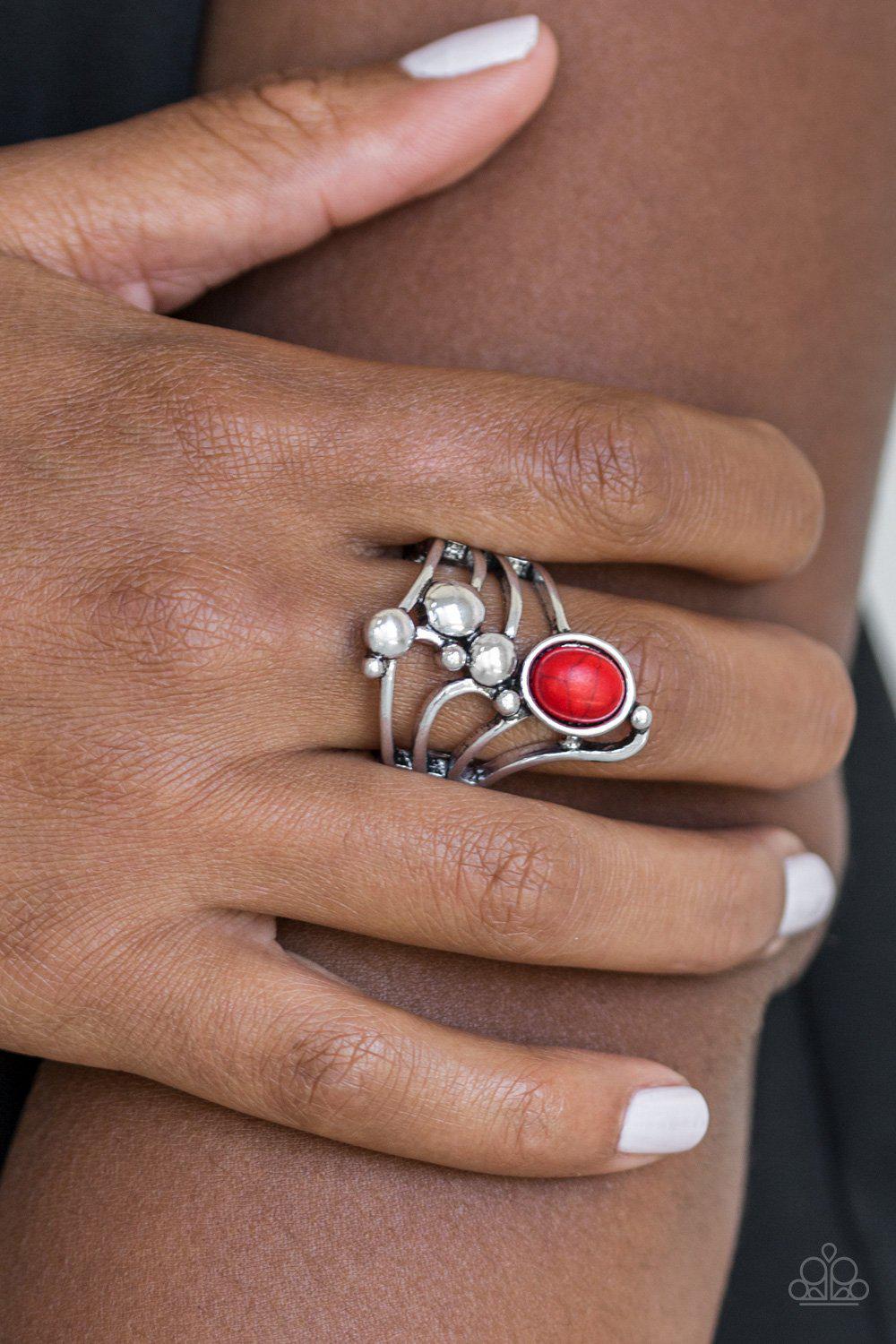Wanderlust Wanderer Silver and Red Stone Ring - Paparazzi Accessories- on model - CarasShop.com - Paparazzi Jewelry by Cara Jewels