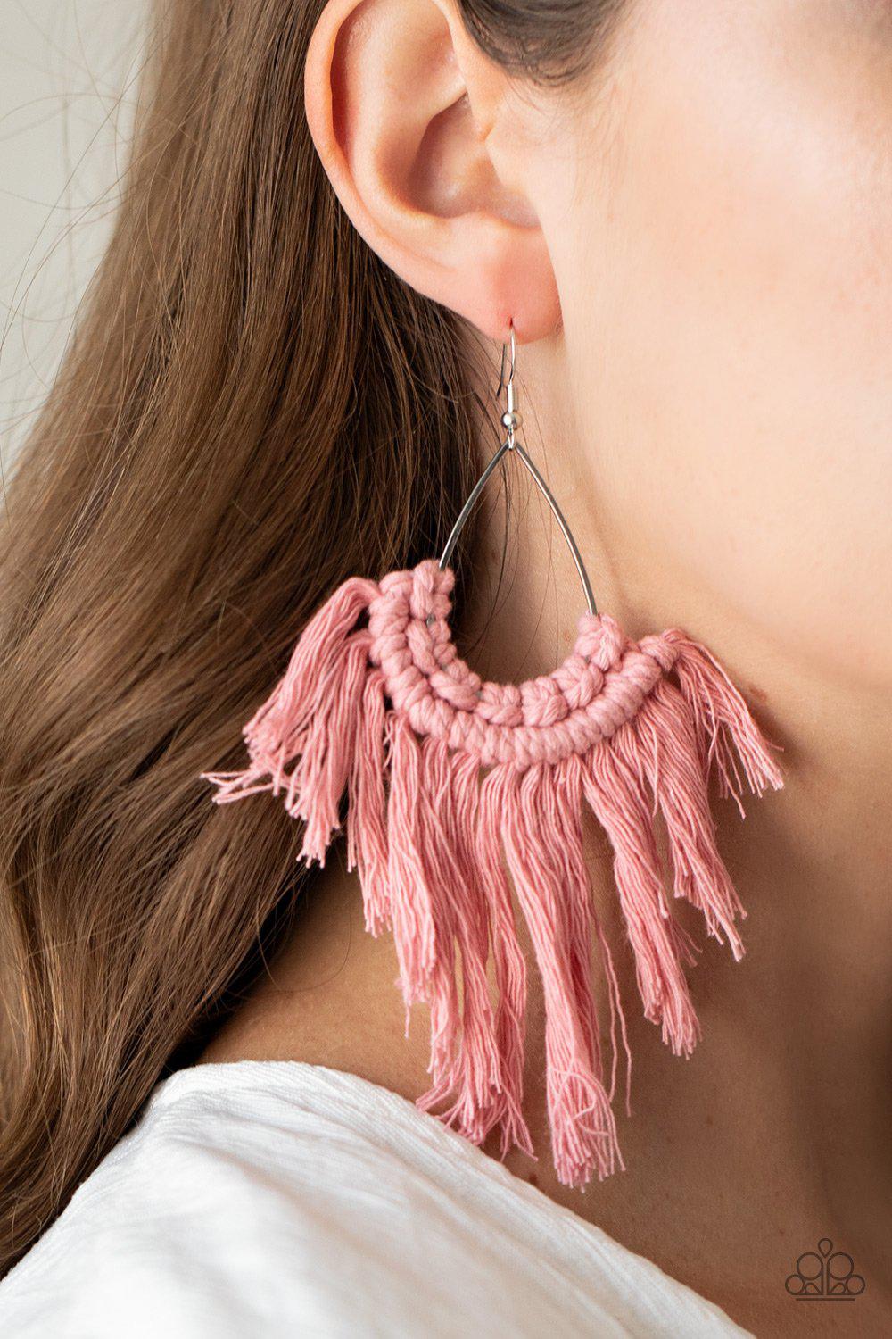 Wanna Piece Of MACRAME Pink Earrings - Paparazzi Accessories- lightbox - CarasShop.com - Paparazzi Jewelry by Cara Jewels
