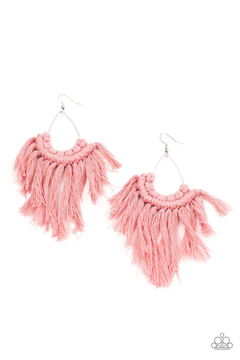 Wanna Piece Of MACRAME Pink Earrings - Paparazzi Accessories- on model - CarasShop.com - Paparazzi Jewelry by Cara Jewels