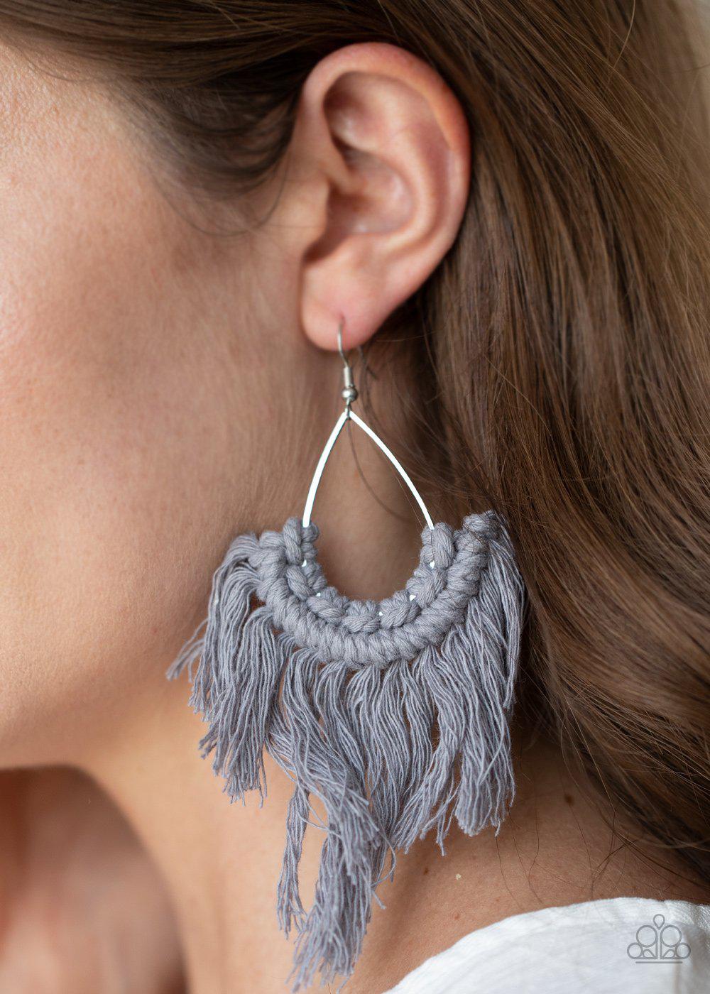 Wanna Piece Of MACRAME Silver Earrings - Paparazzi Accessories- lightbox - CarasShop.com - Paparazzi Jewelry by Cara Jewels