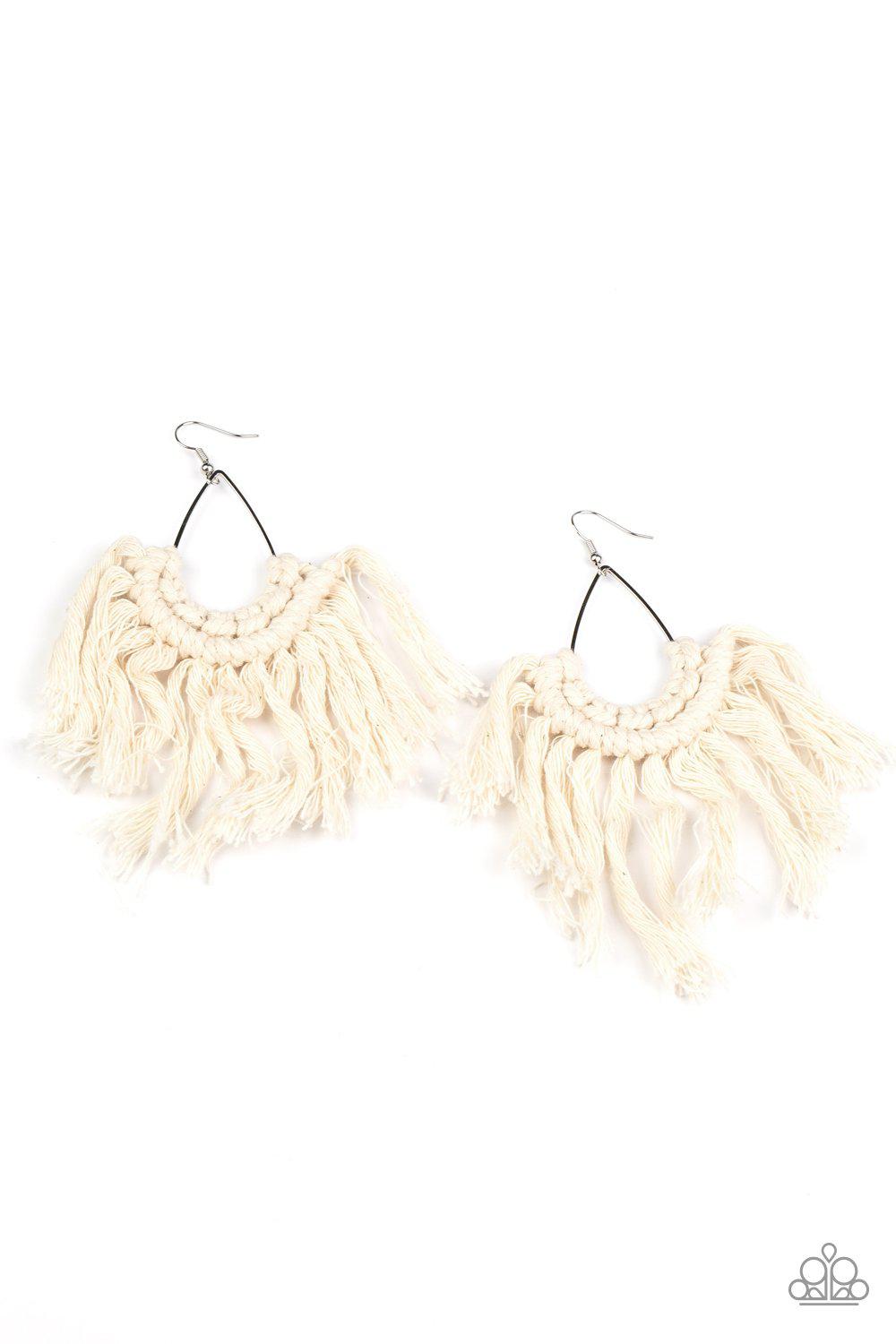 Wanna Piece Of MACRAME White Earrings - Paparazzi Accessories- lightbox - CarasShop.com - Paparazzi Jewelry by Cara Jewels