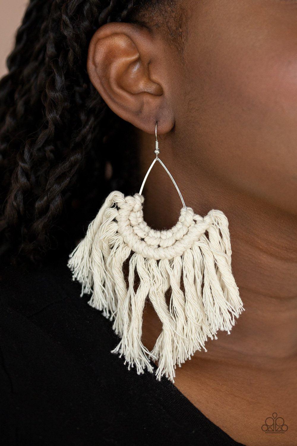 Wanna Piece Of MACRAME White Earrings - Paparazzi Accessories- lightbox - CarasShop.com - Paparazzi Jewelry by Cara Jewels
