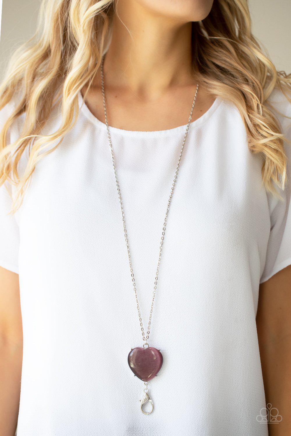 Warmhearted Glow Purple Cat's Eye Stone Heart Lanyard Necklace - Paparazzi Accessories- on model - CarasShop.com - Paparazzi Jewelry by Cara Jewels