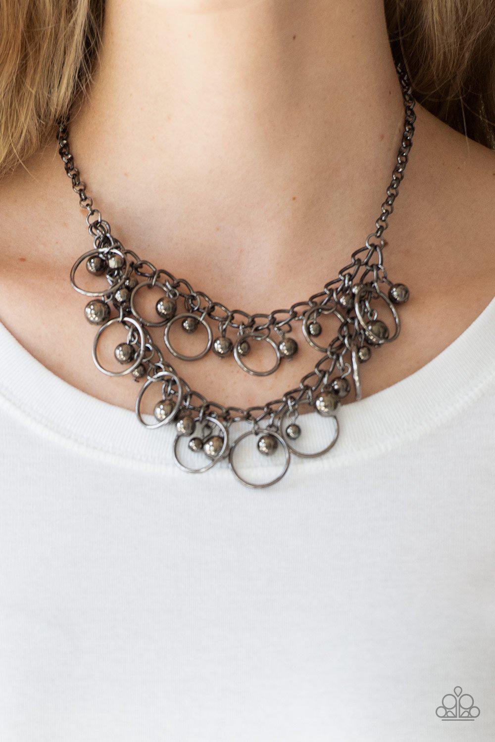 Warning Bells Gunmetal Black Necklace - Paparazzi Accessories- on model - CarasShop.com - Paparazzi Jewelry by Cara Jewels