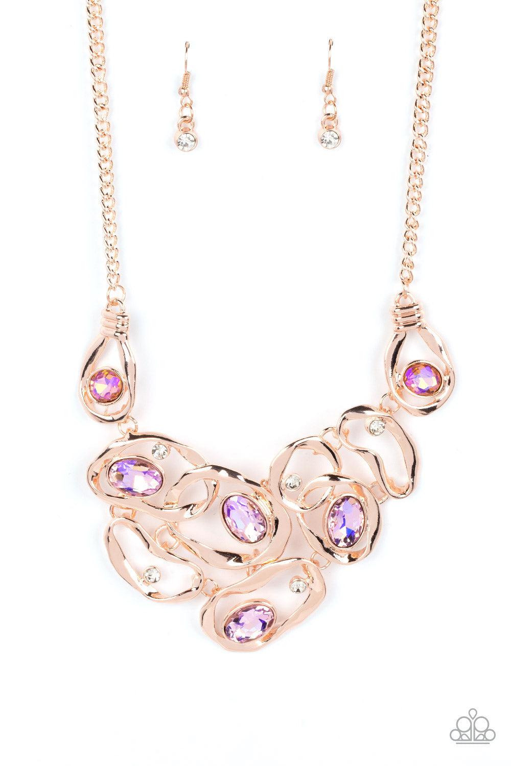Warp Speed Rose Gold and Iridescent Rhinestone Necklace - Paparazzi Accessories- lightbox - CarasShop.com - Paparazzi Jewelry by Cara Jewels