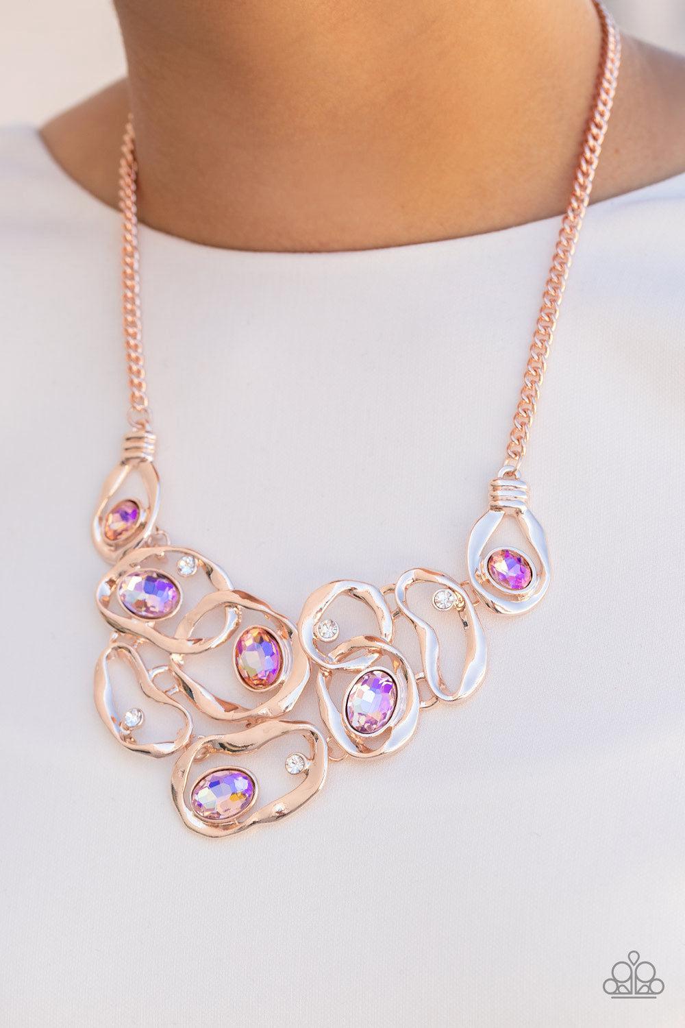 Warp Speed Rose Gold and Iridescent Rhinestone Necklace - Paparazzi Accessories- on model - CarasShop.com - Paparazzi Jewelry by Cara Jewels