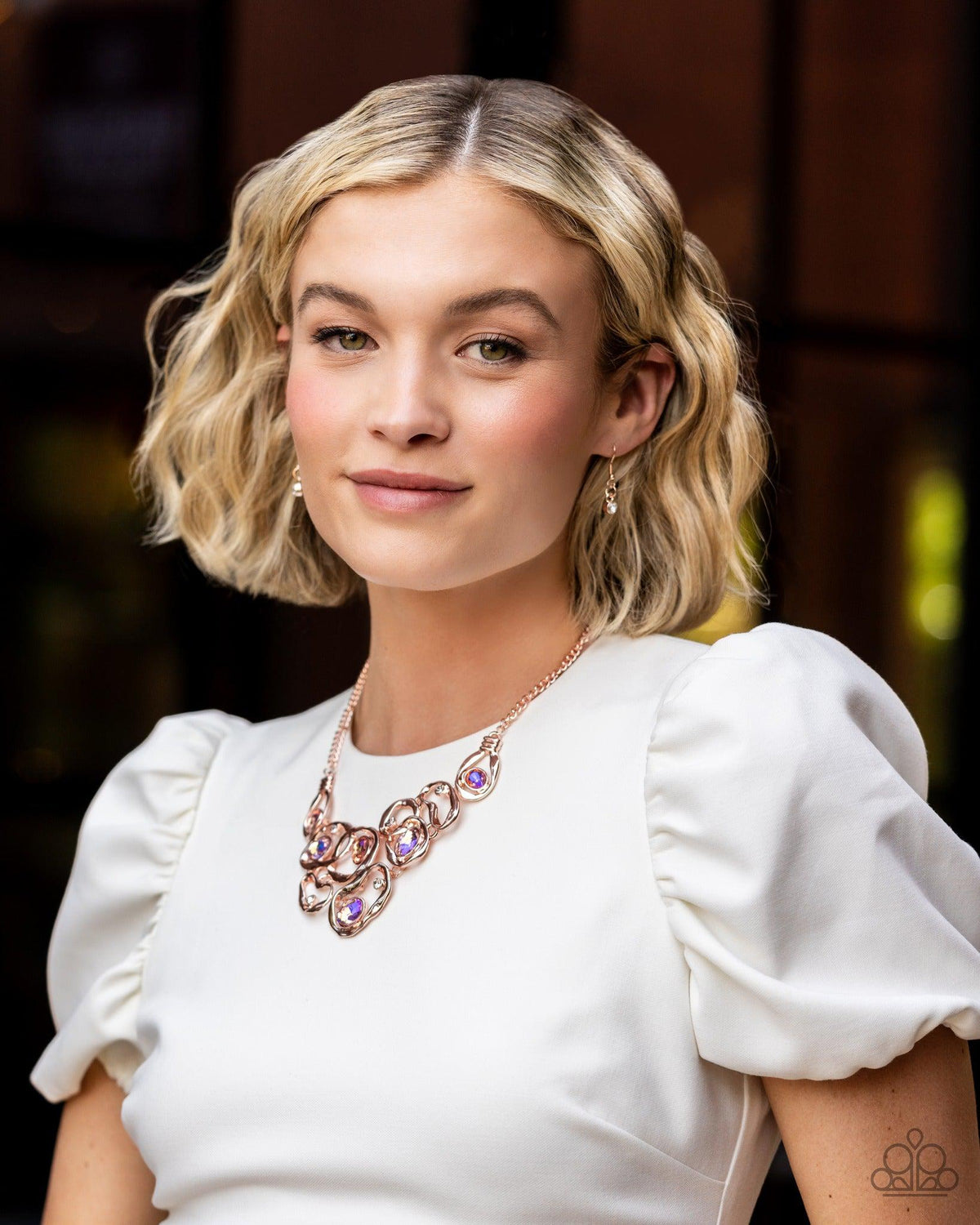 Warp Speed Rose Gold and Iridescent Rhinestone Necklace - Paparazzi Accessories-stylized-on model - CarasShop.com - Paparazzi Jewelry by Cara Jewels