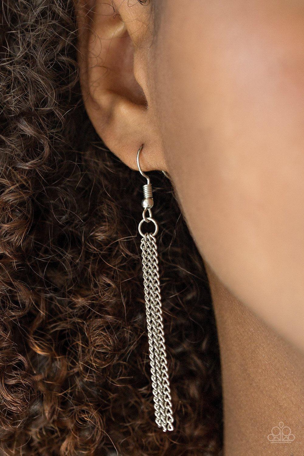 Watch Your Step Silver Necklace - Paparazzi Accessories - free matching earrings -CarasShop.com - Paparazzi Jewelry by Cara Jewels