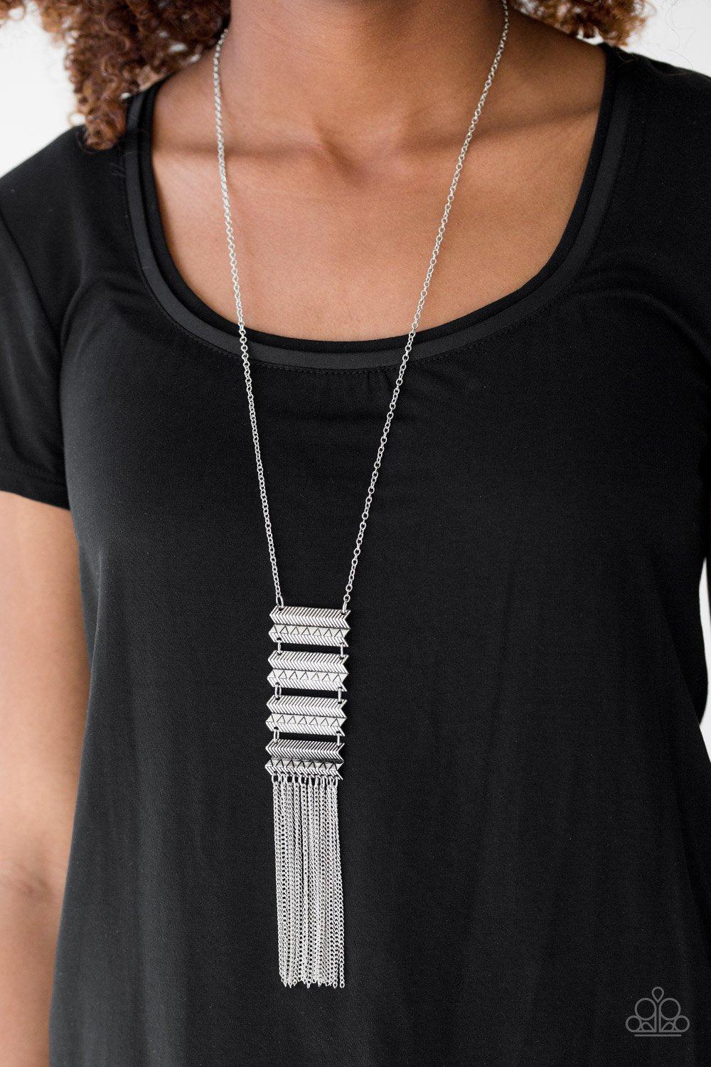 Watch Your Step Silver Necklace - Paparazzi Accessories- on model - CarasShop.com - Paparazzi Jewelry by Cara Jewels