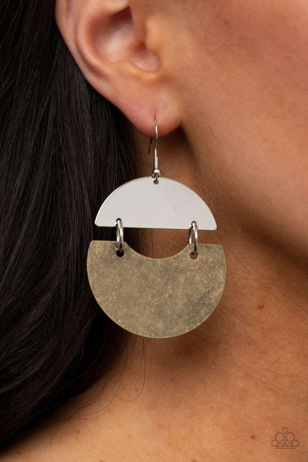 Watching the Sunrise Brass and Silver Earrings - Paparazzi Accessories- on model - CarasShop.com - Paparazzi Jewelry by Cara Jewels