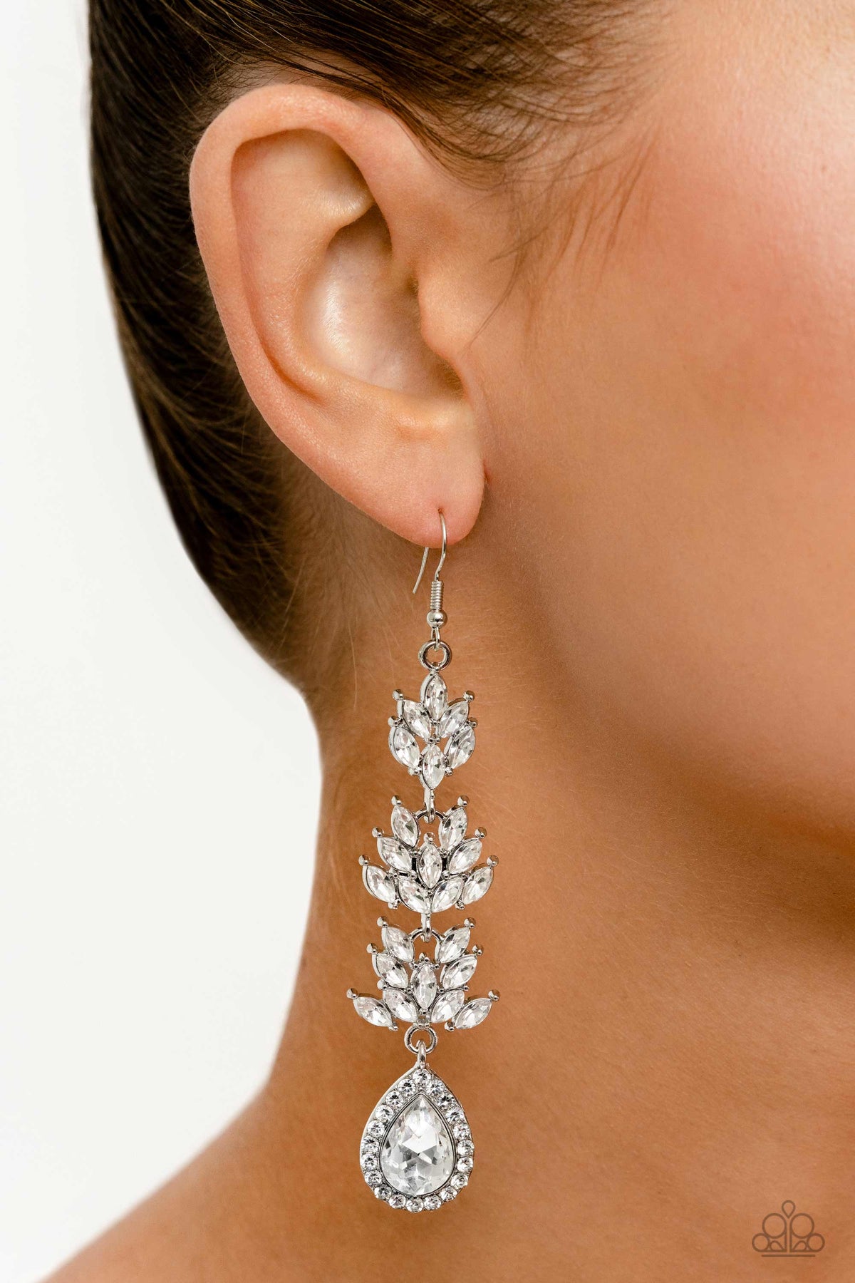 Water Lily Whimsy White Earrings - Paparazzi Accessories- on model - CarasShop.com - Paparazzi Jewelry by Cara Jewels